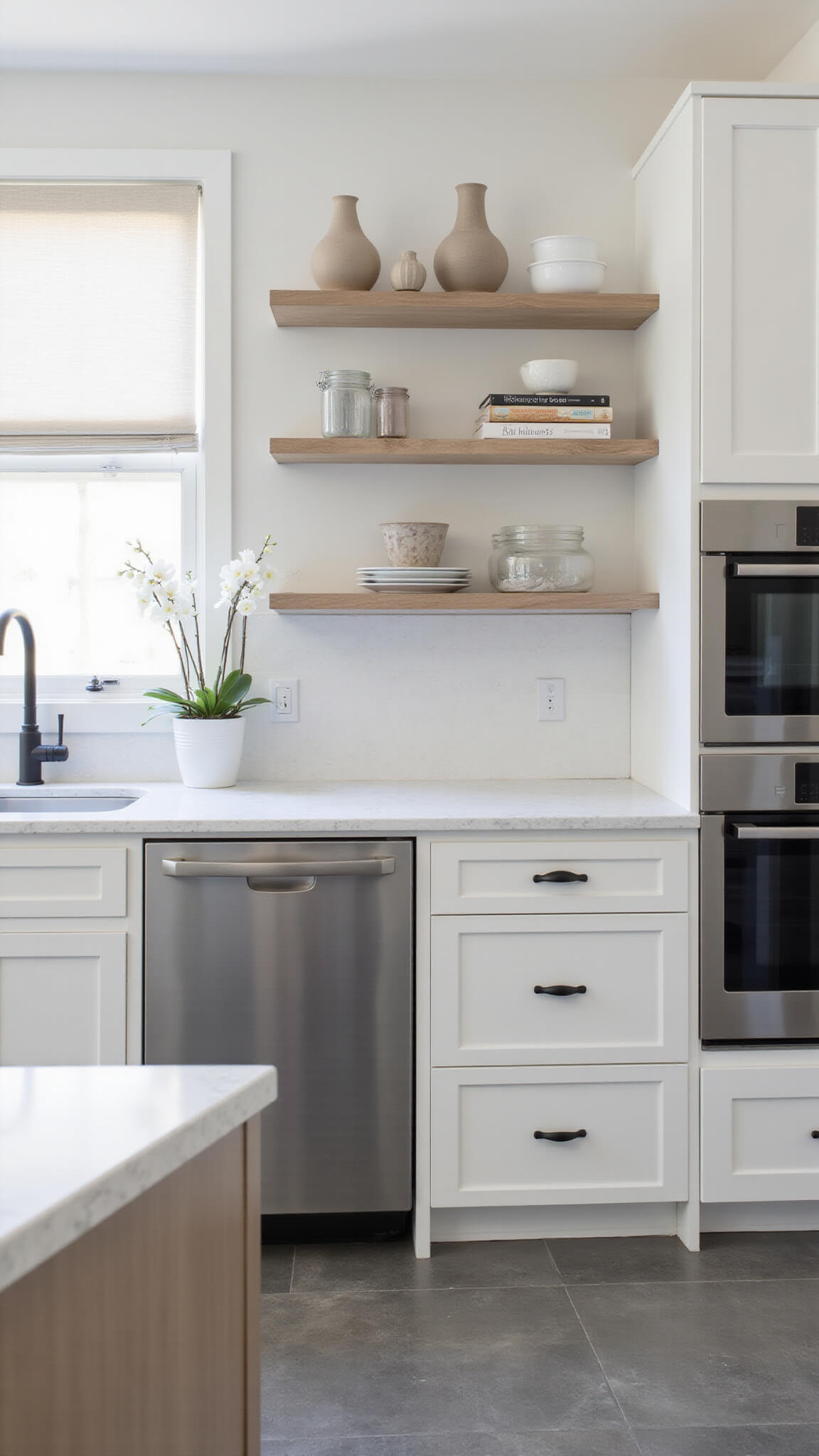 Minimalist kitchen with beige Ranchwood cabinets, waterfall quartz island, stainless steel appliances, and diffused natural light through sheer curtains.