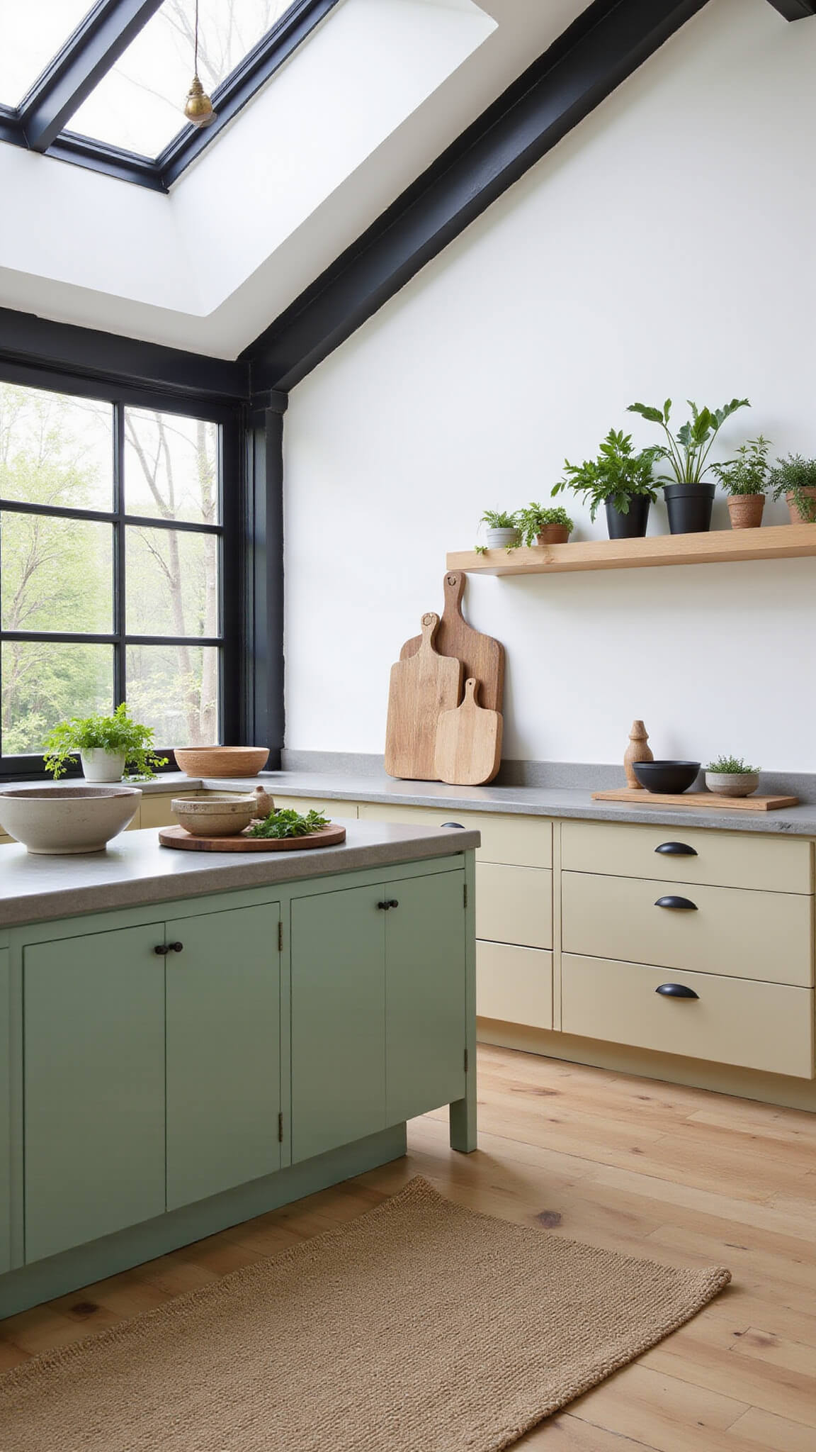 Bright kitchen with green-beige Shaker cabinets, concrete countertops, a darker beige island, black steel-framed windows, and clerestory lighting; styled with herbs, wooden boards, ceramic bowls, and a natural fiber rug.