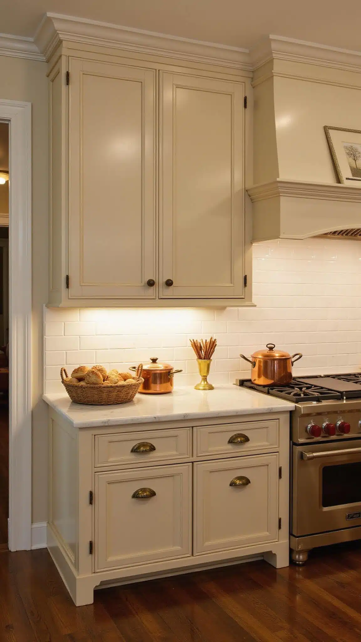 Cozy traditional 12x14ft kitchen with almond beige cabinets, marble subway backsplash, antique brass fixtures, and dark hardwood floors.