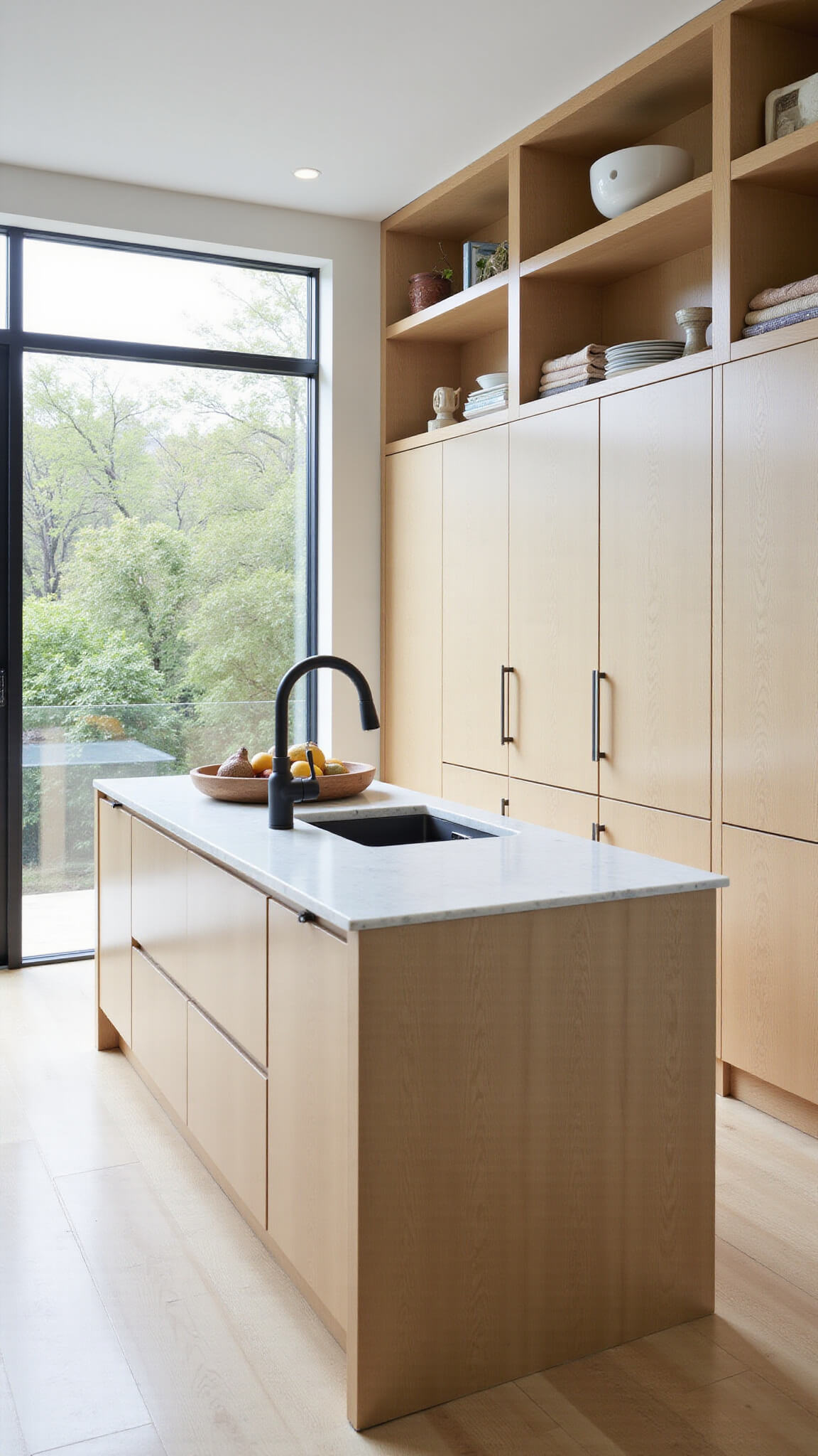 Modern-organic kitchen with gold-beige cabinets, white oak shelves, quartz waterfall island, and morning light filtering through steel-framed windows.