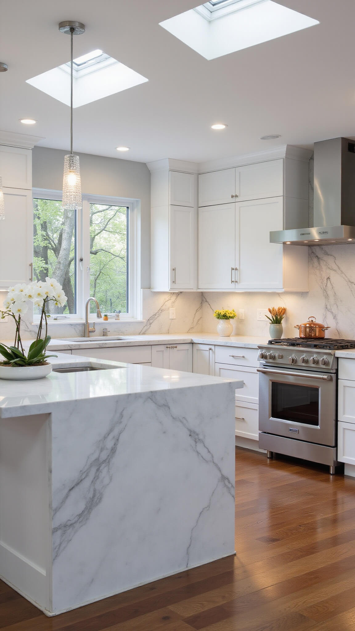Elegant L-shaped kitchen with white cabinets, Calacatta marble backsplash, quartz waterfall island, stainless appliances, crystal pendants, copper cookware, and hardwood floors.