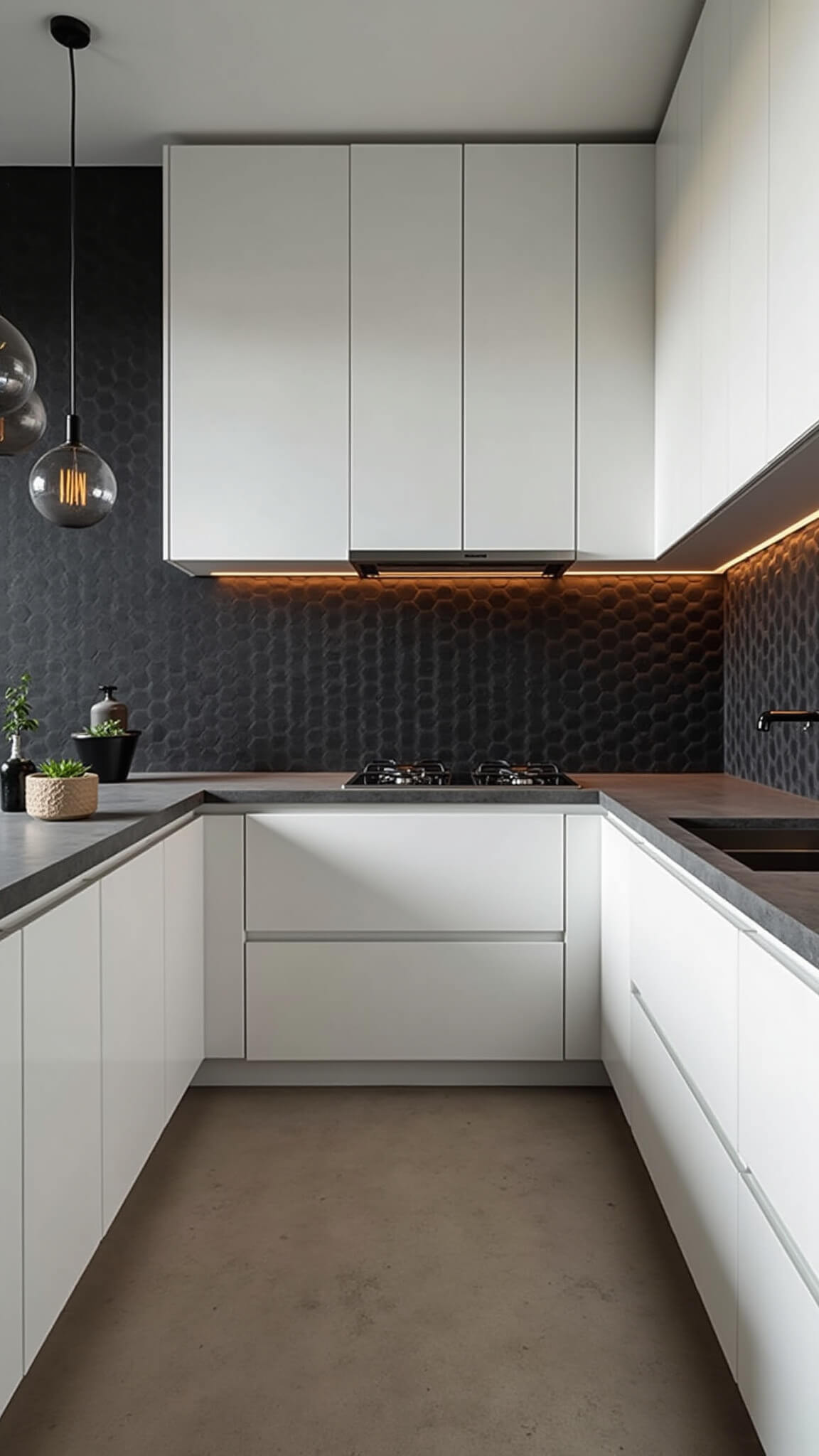 Modern minimalist galley kitchen with matte black hexagonal backsplash, white flat-panel cabinets, concrete countertops, and moody under-cabinet LED lighting.