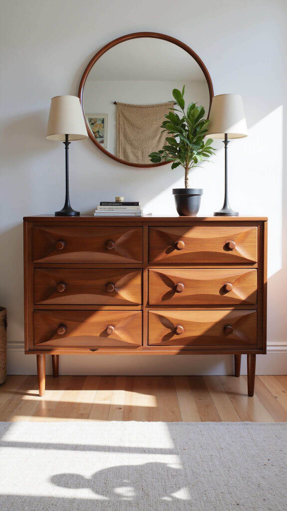 Sunlit master bedroom featuring walnut dresser with geometric drawers, circular mirror, fiddle leaf fig, and woven wall hanging, framed symmetrically.