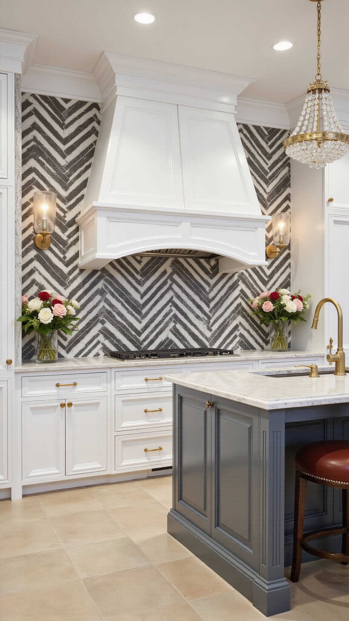 Dramatic kitchen with white inset cabinets, chevron marble backsplash in charcoal and white, brass fixtures, veined quartzite counters, and crystal sconces in golden hour lighting.