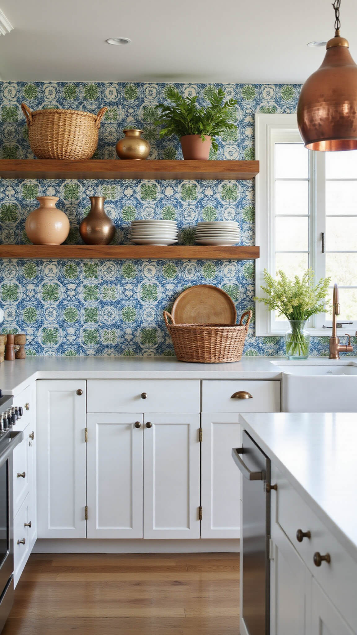 Exotic kitchen with handpainted Moroccan tiles in blue, green, and white, white cabinets, copper fixtures, wood shelves, and global-style decor.