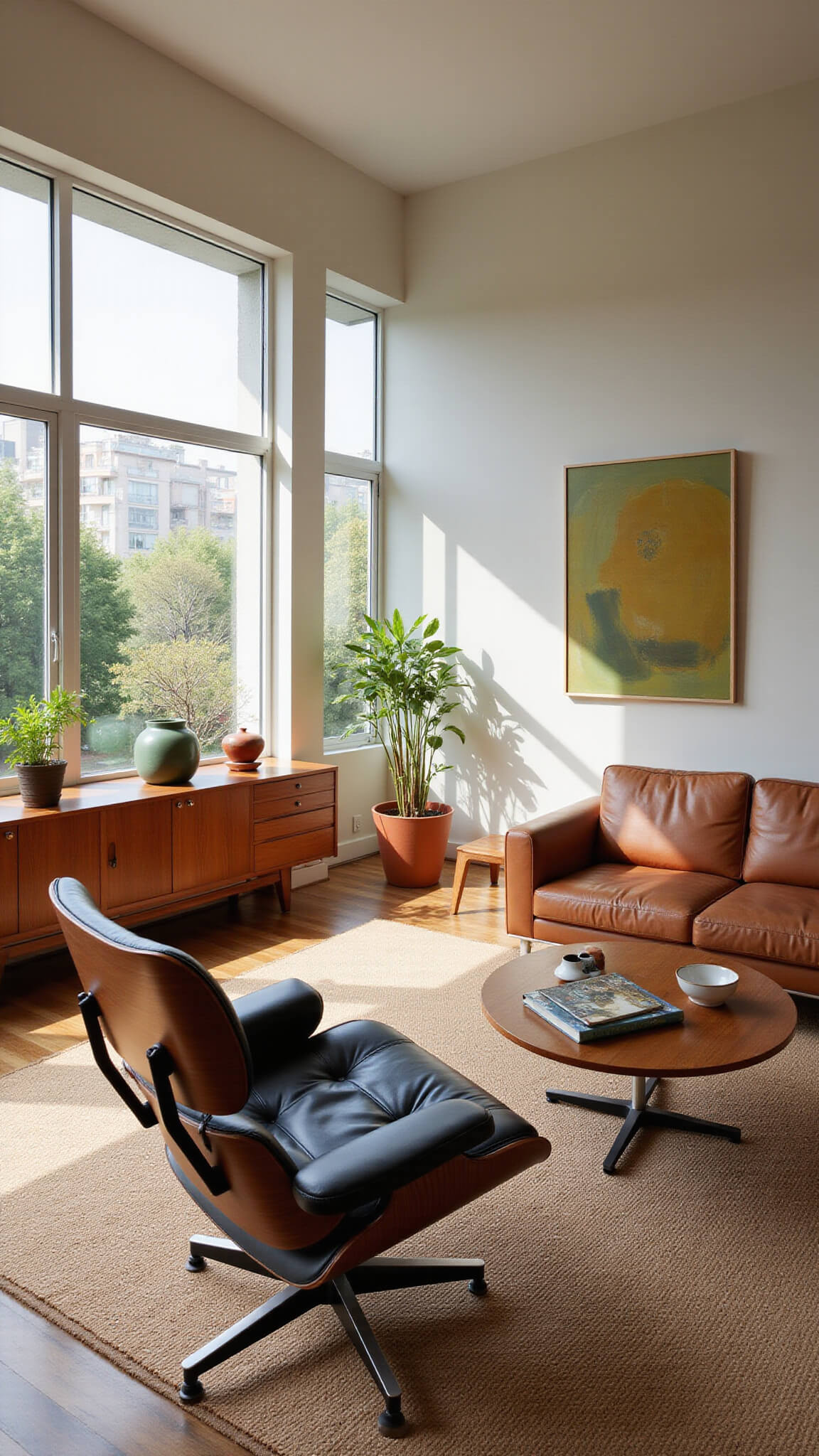 Mid-century modern living room with leather sofa, Eames lounge chair, teak sideboard, layered rugs, statement art, and sunlit floor-to-ceiling windows framed by plants.