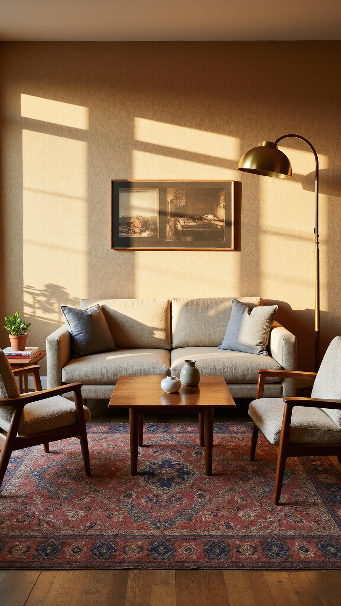 Cozy 15x18ft living room at golden hour with dramatic shadows on beige grasscloth walls, featuring oatmeal bouclé sofa, walnut armchairs, brass floor lamp, Danish teak coffee table, and layered Moroccan rugs.