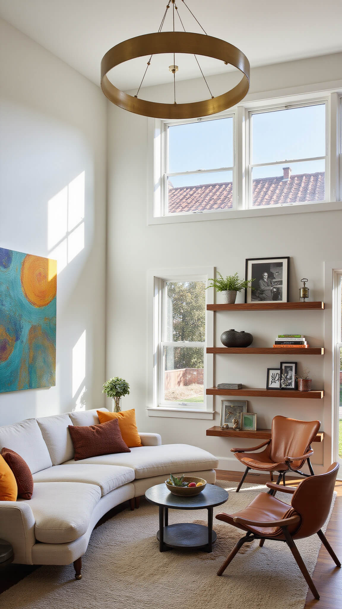 Airy corner living room with clerestory windows, circular brass chandelier, ivory curved sofa, cognac butterfly chairs, teak shelving, and colorful teal and burnt orange accents.