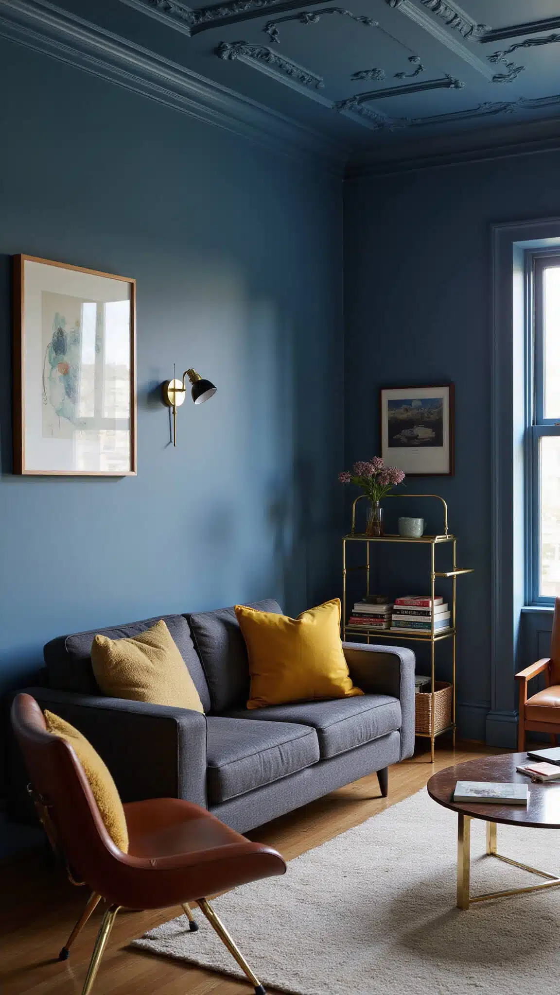 Moody 14x16ft living room at blue hour with coffered ceiling, charcoal platform sofa, rosewood Eames chair, brass-glass coffee table, Serge Mouille sconces, and vintage bar cart.