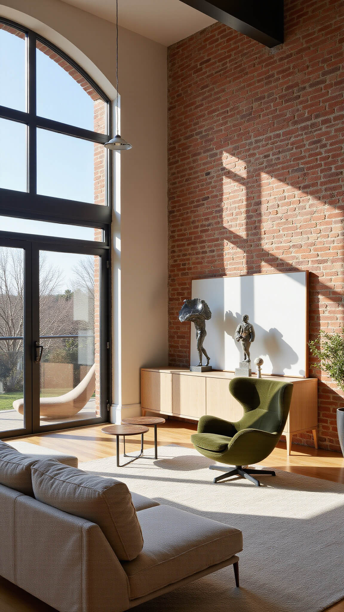 Sunlit living room with exposed brick wall, ivory sectional, olive green Papa Bear chair, and modernist decor.