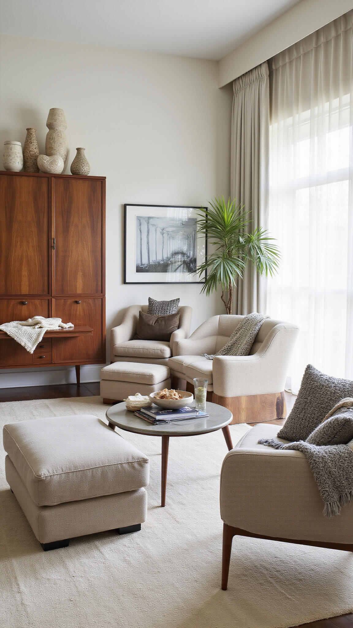 Open-concept mid-century inspired living space with greige bouclé modular sofa, Noguchi table, Brazilian rosewood wall unit, contemporary art, and sculptural decor under diffused afternoon light.