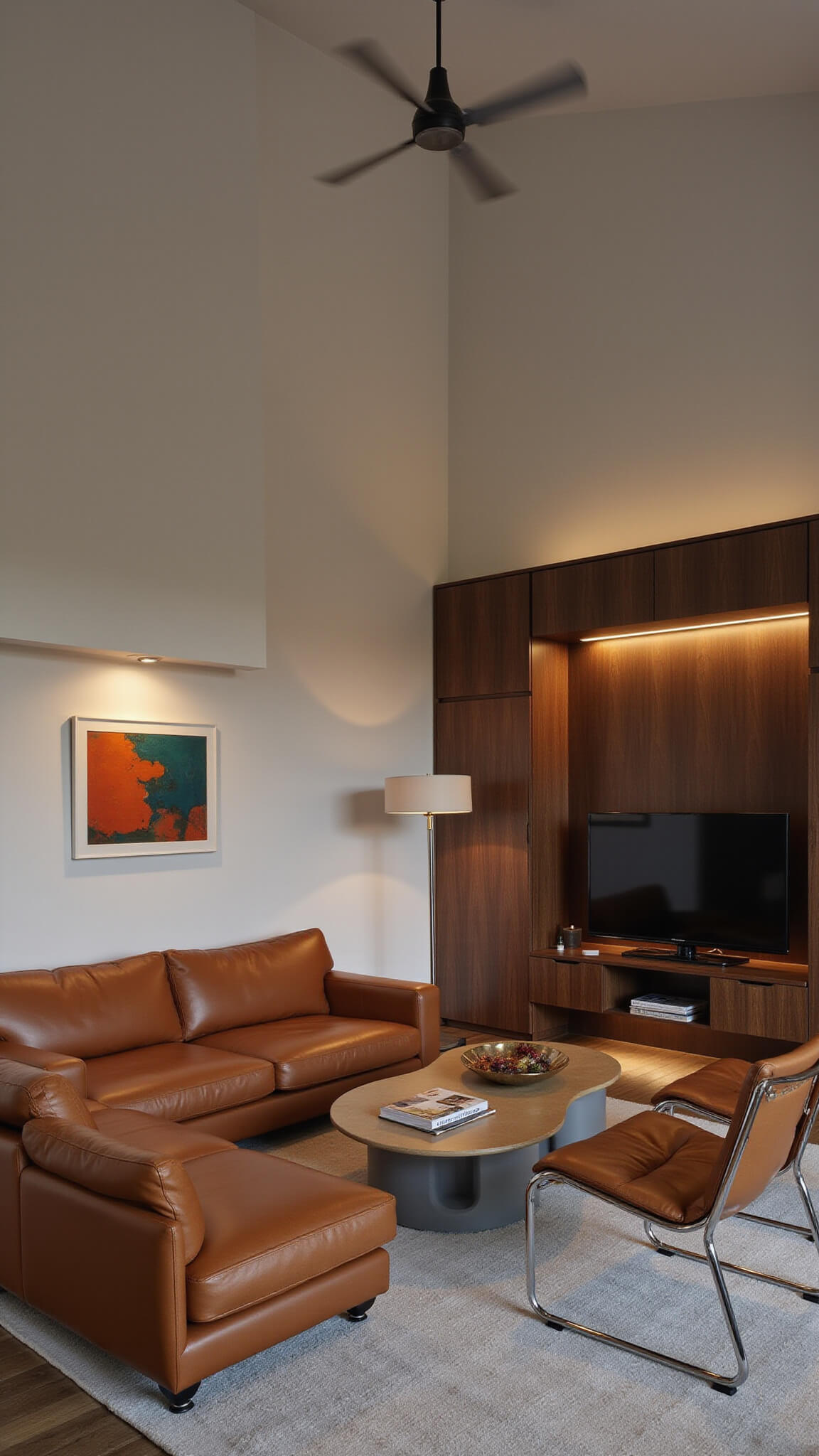 Minimalist 18x24ft living room at dusk with ambient lighting, camel leather sofa, vintage Barcelona chairs, floating walnut media unit, and abstract art in burnt orange and deep teal.