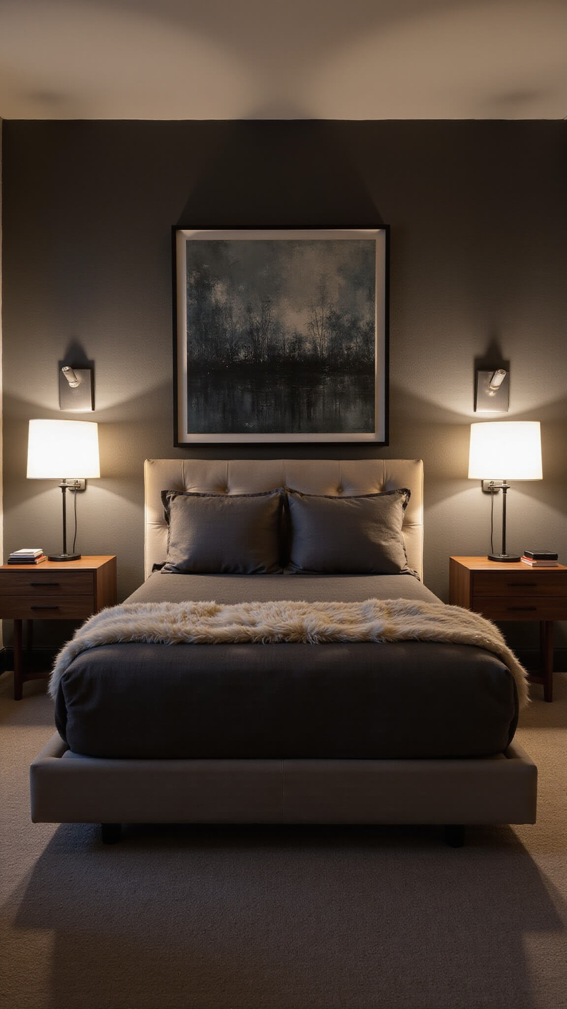 Cozy 10x12ft guest bedroom at dusk with charcoal platform bed, walnut nightstands, Serge Mouille sconces, abstract art, and sheepskin throw in moody lighting.