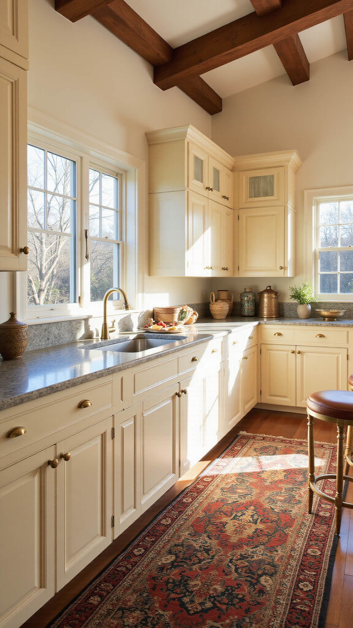 Traditional 12x15ft kitchen with cream cabinets, marble island, brass accents, wood beams, and morning light through east-facing windows.