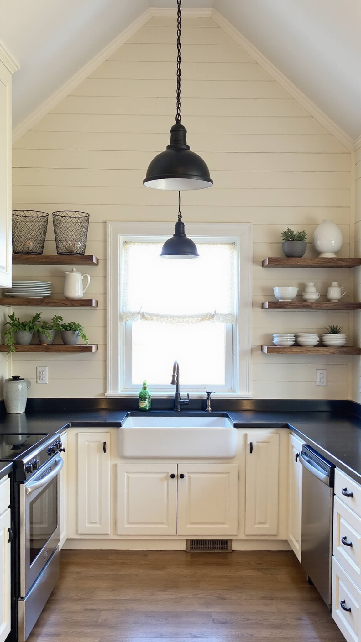Modern farmhouse kitchen with cream cabinets, black countertops, industrial pendant lights, and farmhouse sink beneath window with cafe curtains, featuring reclaimed wood shelves and natural accents.