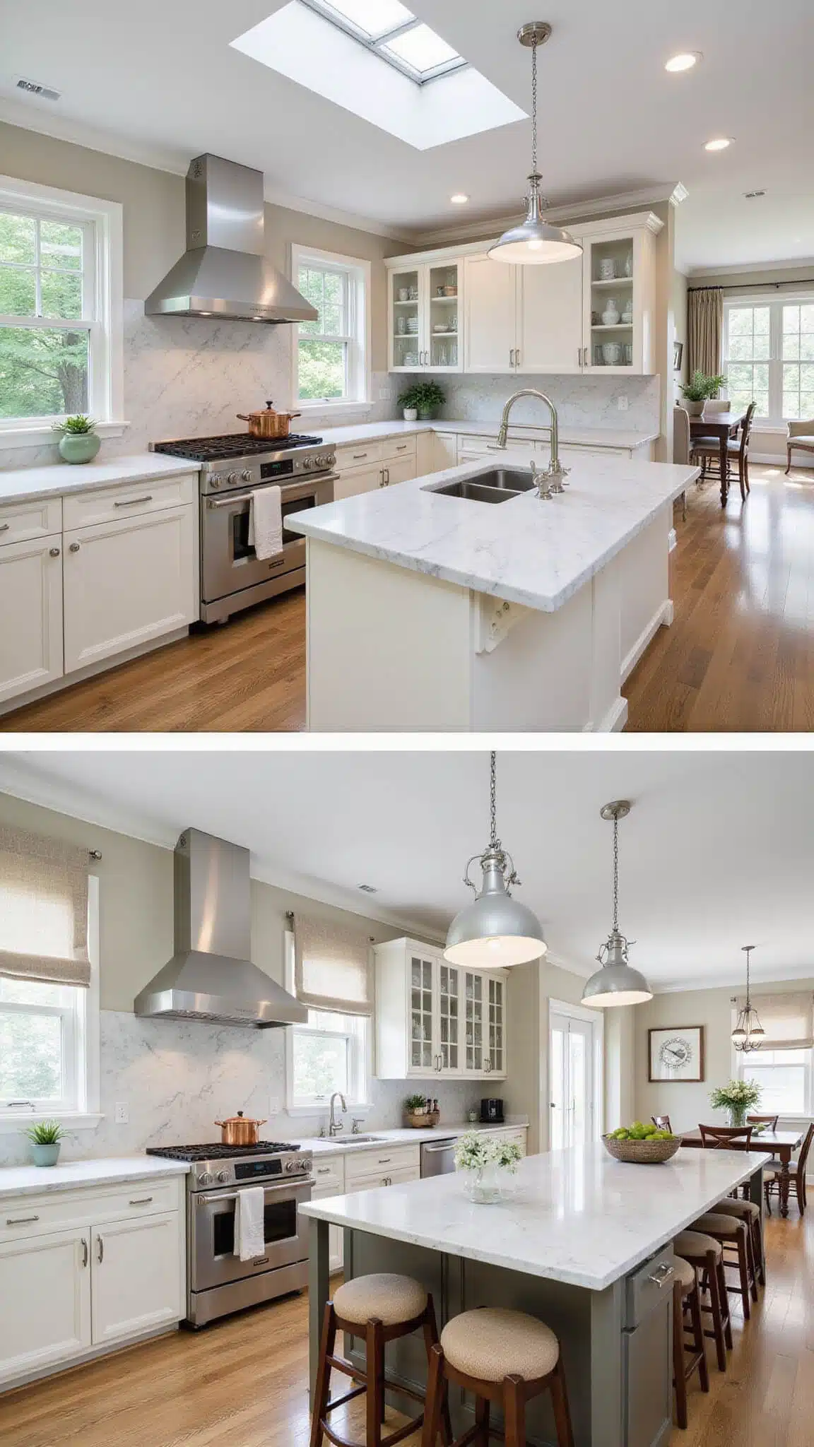 L-shaped transitional kitchen with cream cabinets, marble backsplash, nickel fixtures, and layered lighting viewed from dining area.