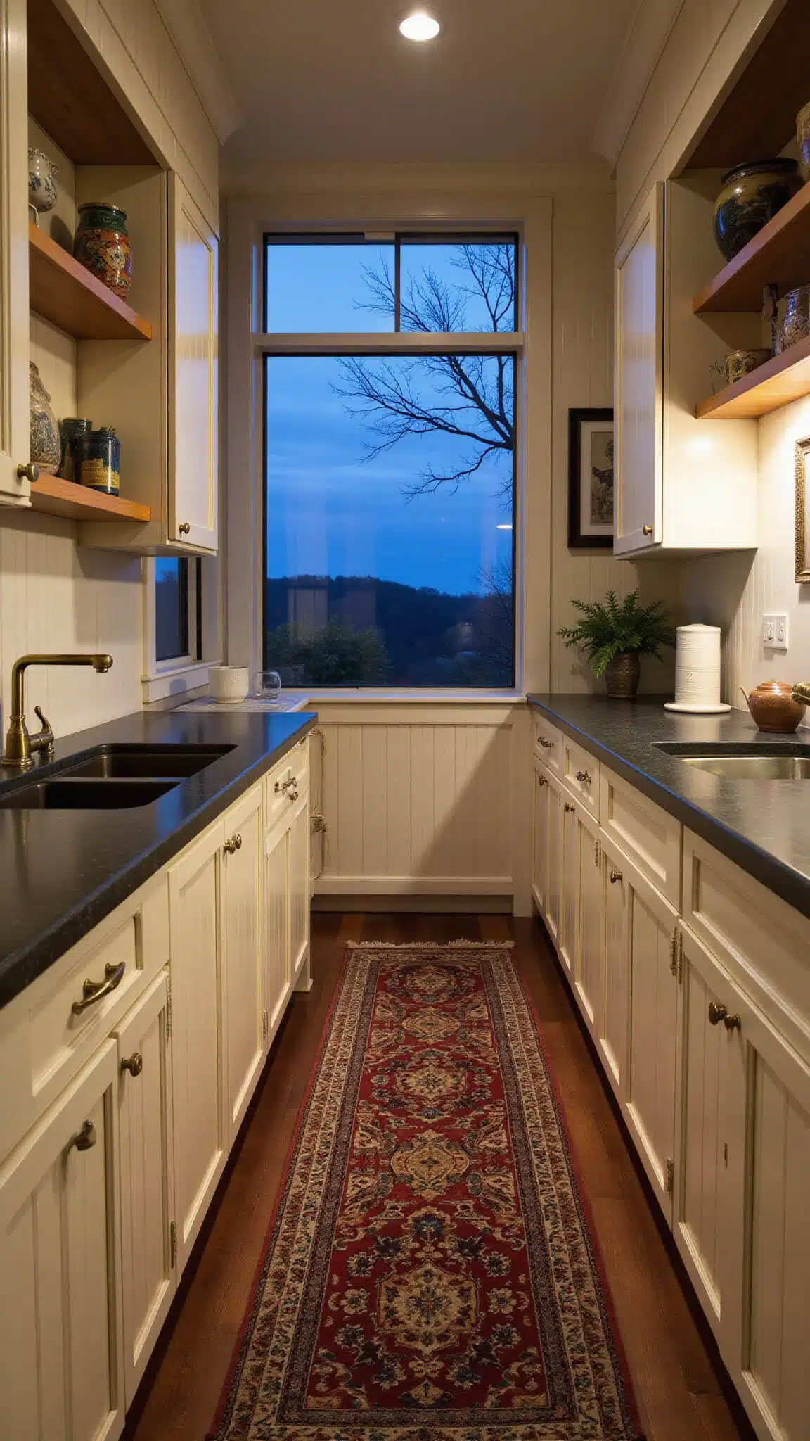 Warmly lit 8x12ft galley kitchen with cream beadboard cabinets, soapstone counters, vintage rug, brass accents, and artisanal pottery on open shelves, captured at blue hour with dramatic shadows.