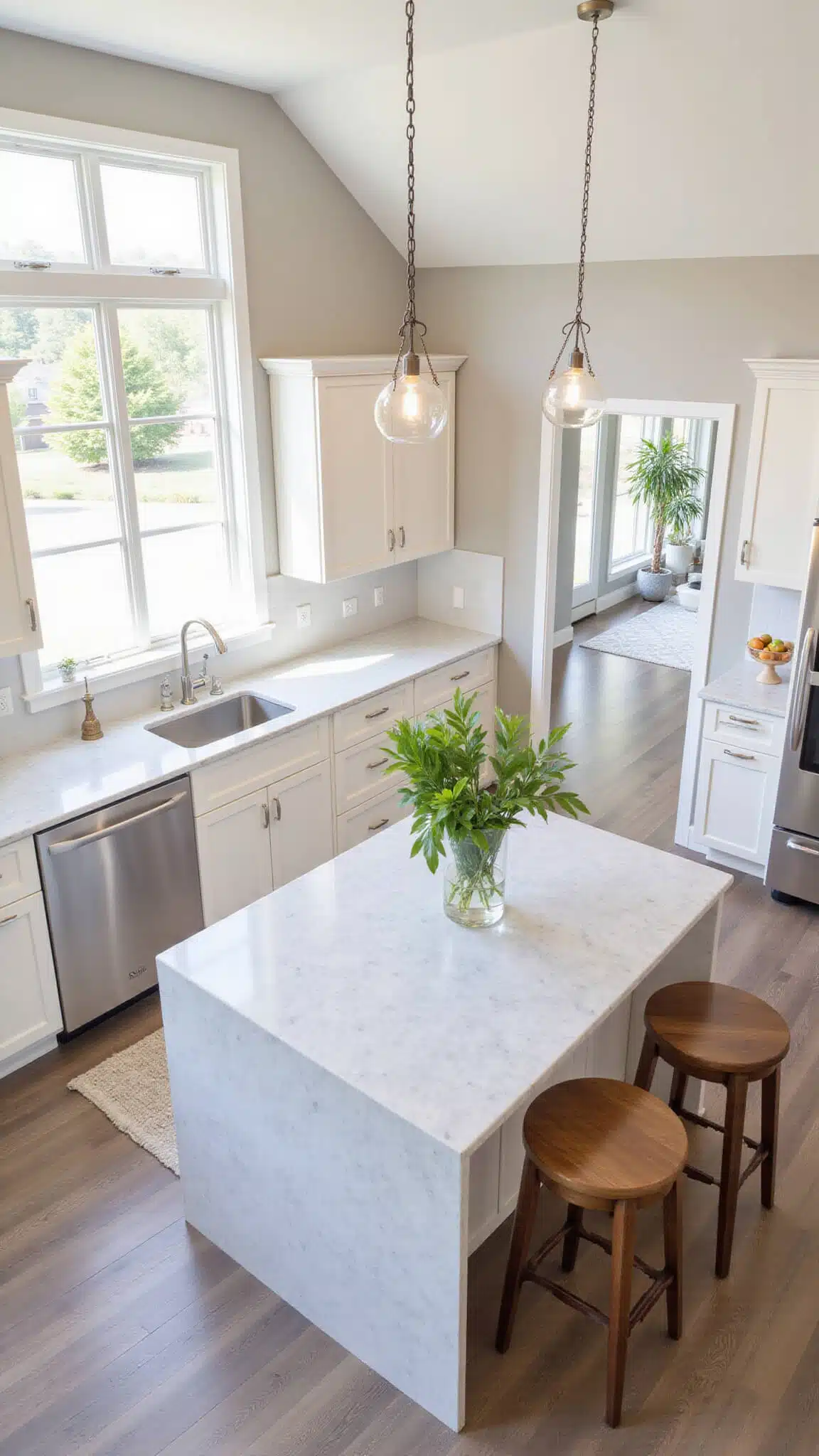 Overhead view of a contemporary open-concept kitchen with cream cabinets, waterfall quartz island, double-height windows, and minimalist decor accented by greenery and metallics.