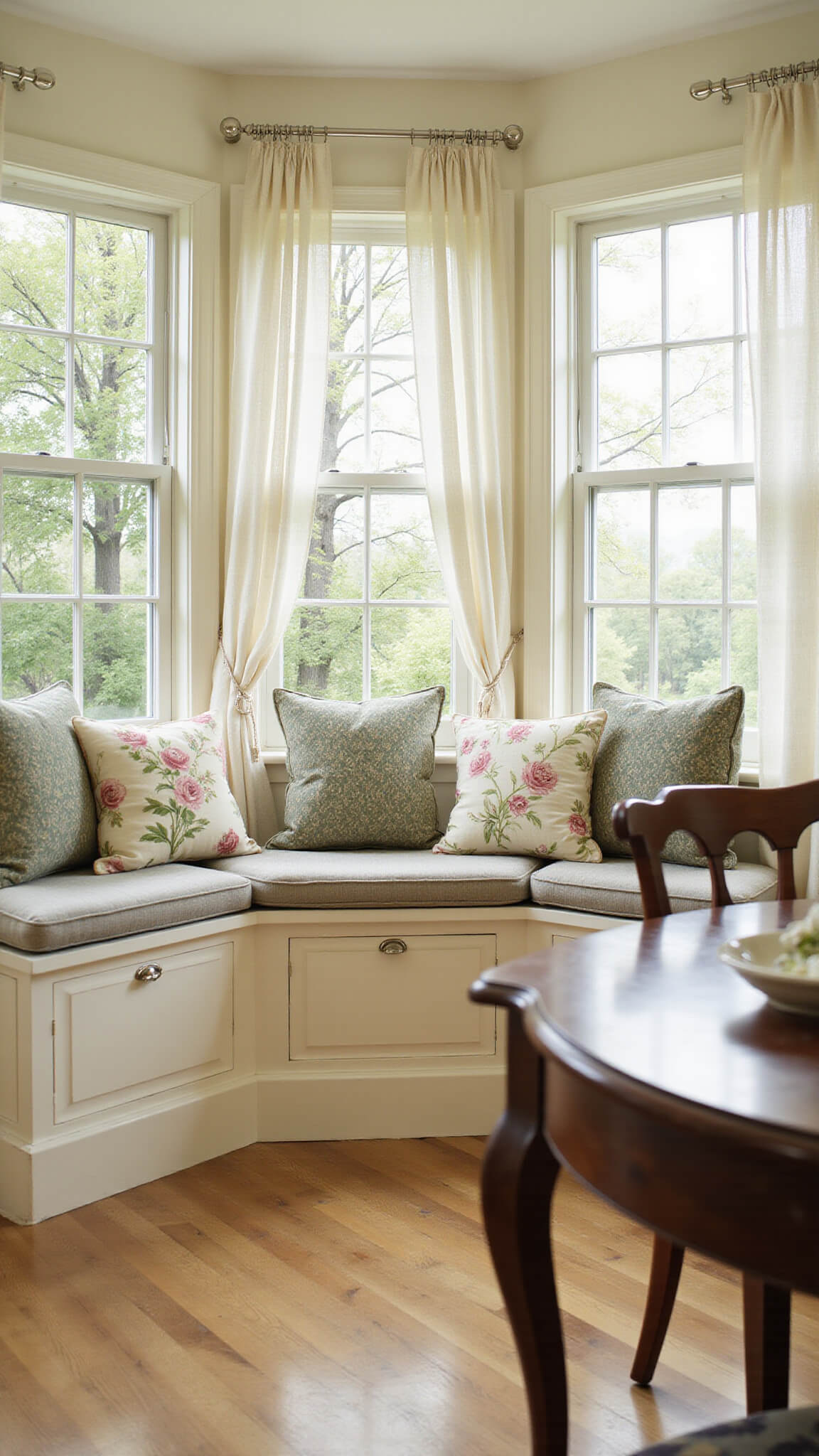 Cottage-style kitchen nook with built-in banquette, cream cabinets, white oak floors, and morning light filtering through gauzy garden window curtains.