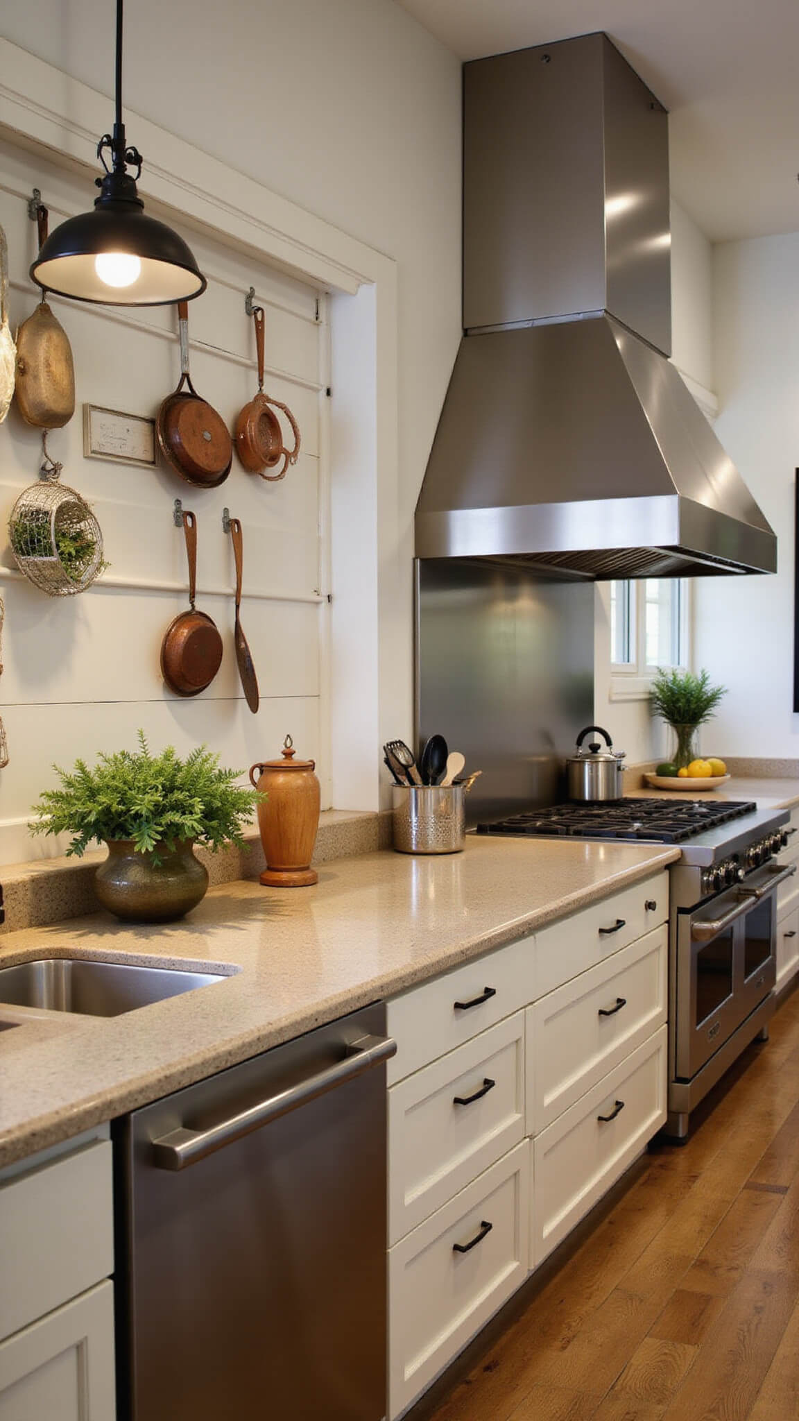 Professional kitchen with cream cabinets, stainless steel appliances, and copper cookware under evening lighting; viewed from above showing work triangle and herb garden wall.