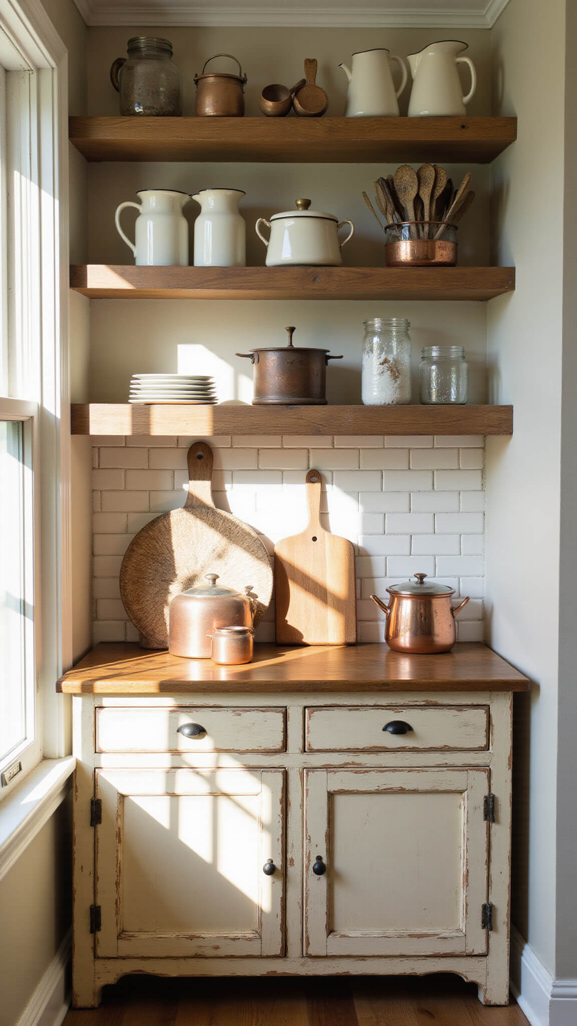 Sunlit corner of a farmhouse kitchen with vintage shelving, enamelware, and copper pots, highlighted by morning light and warm textures.