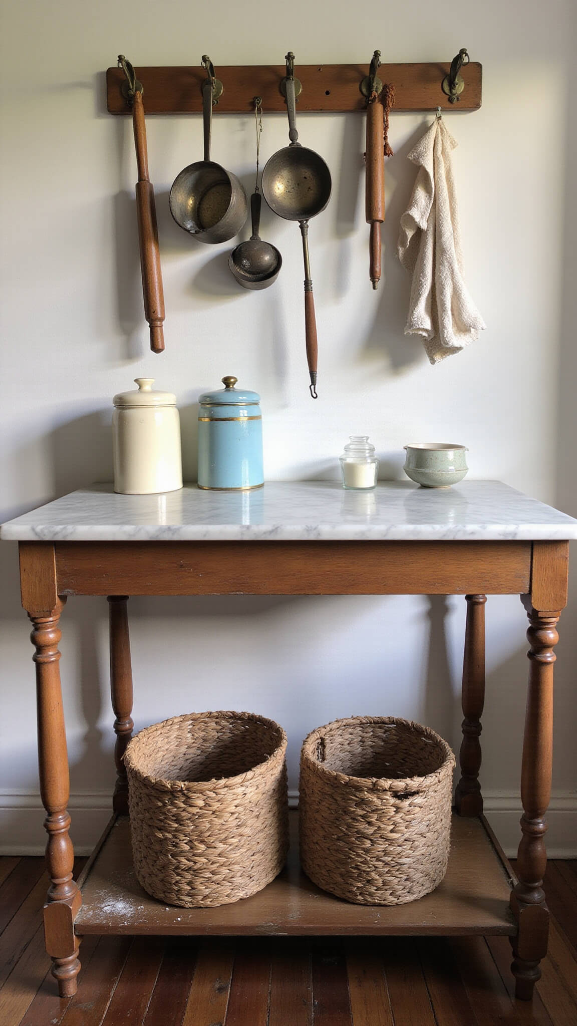 Vintage baking station with marble-topped table, antique utensils, and soft afternoon lighting highlighting a flour-dusted workspace.