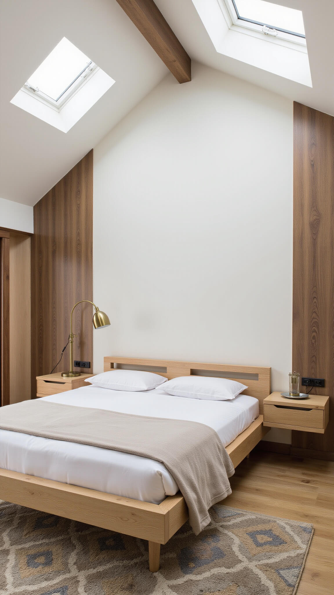 Modern primary bedroom with vaulted ceiling, platform bed in bleached oak, built-in walnut storage, geometric earth-toned rug, and brass floor lamp under morning skylight.