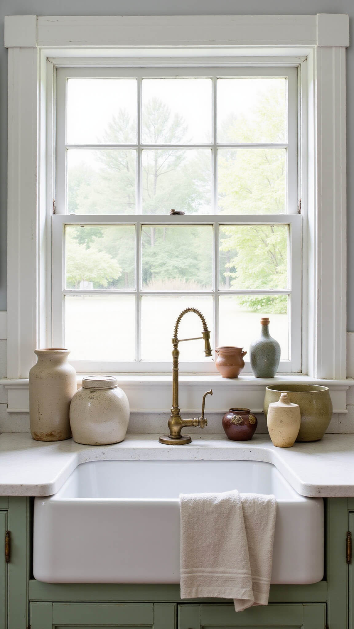 Vintage farmhouse sink under multi-pane window with sage green cabinets, antique brass faucet, and stoneware pottery in natural light.