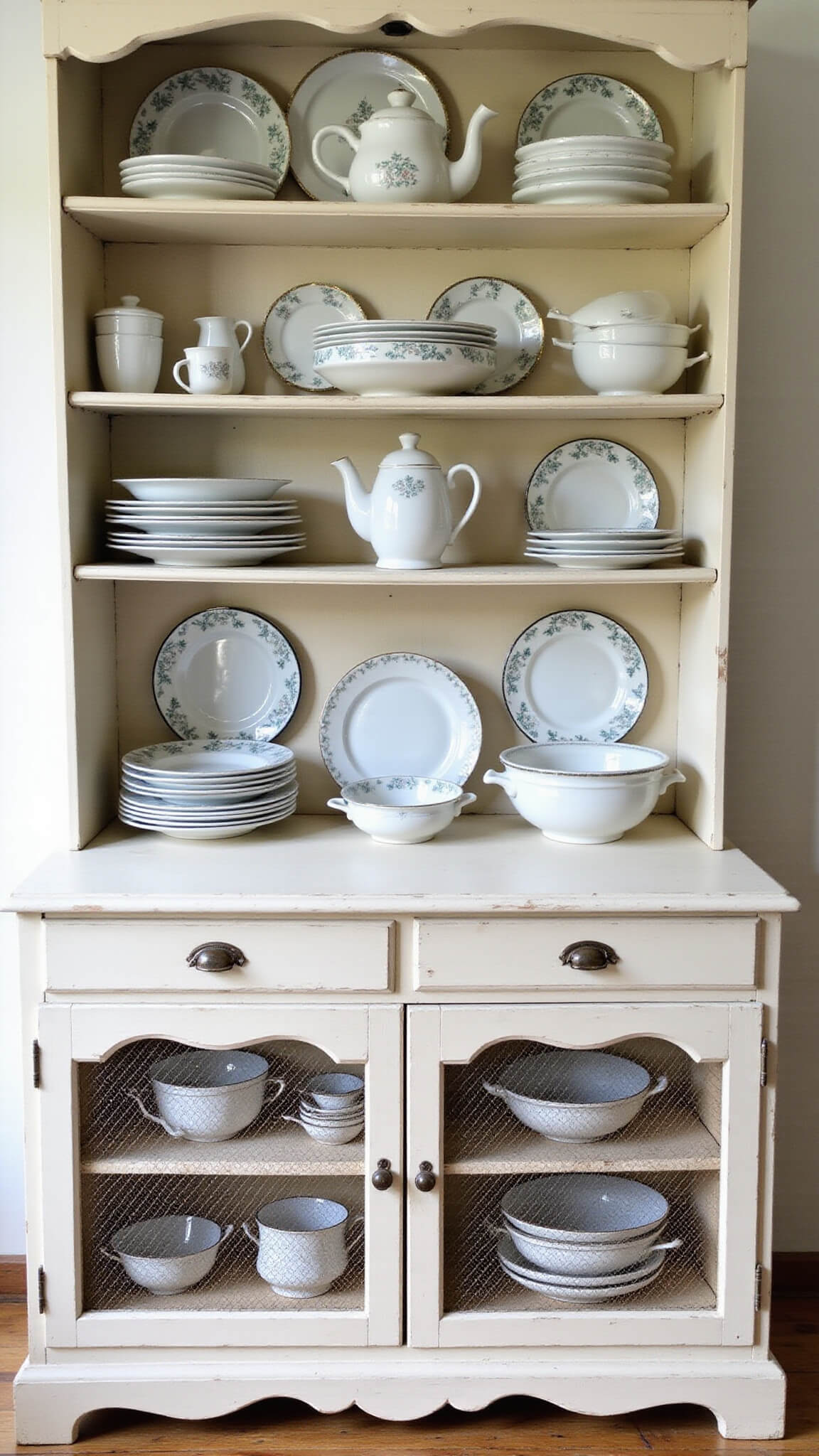 Vintage kitchen hutch with ironstone and transferware dishes, chicken wire cabinets showing enamelware, and worn wooden floors in soft afternoon light.