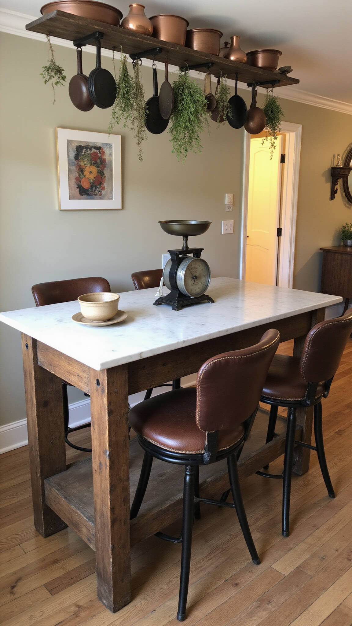 Antique kitchen island with vintage marble top, copper bowls, ceramic vessels, and overhead rack with dried herbs and cast iron cookware.