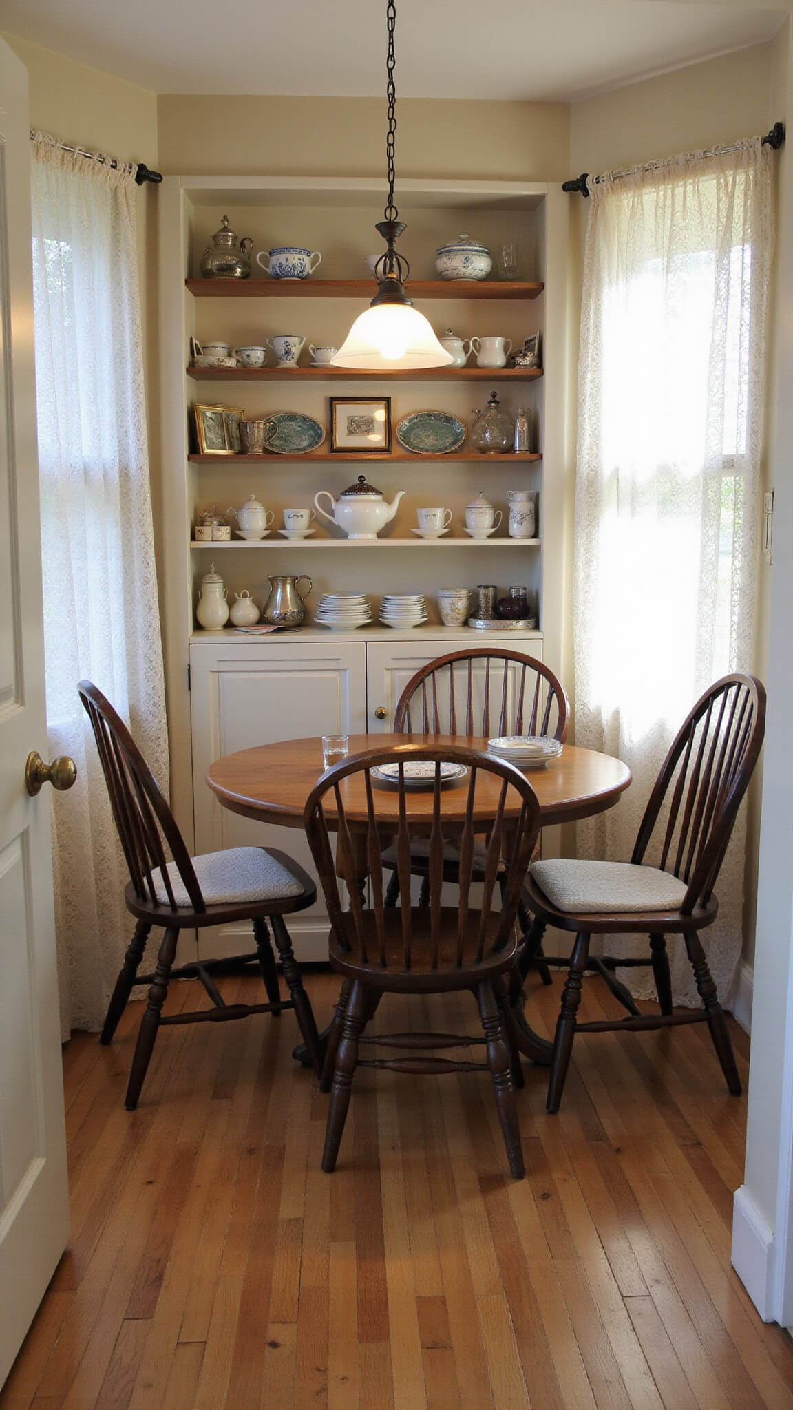 Cozy 8x8ft heritage kitchen nook with antique oak table, worn vintage chairs, lace-curtained window, open shelving of teacups and silver, and warm morning light.