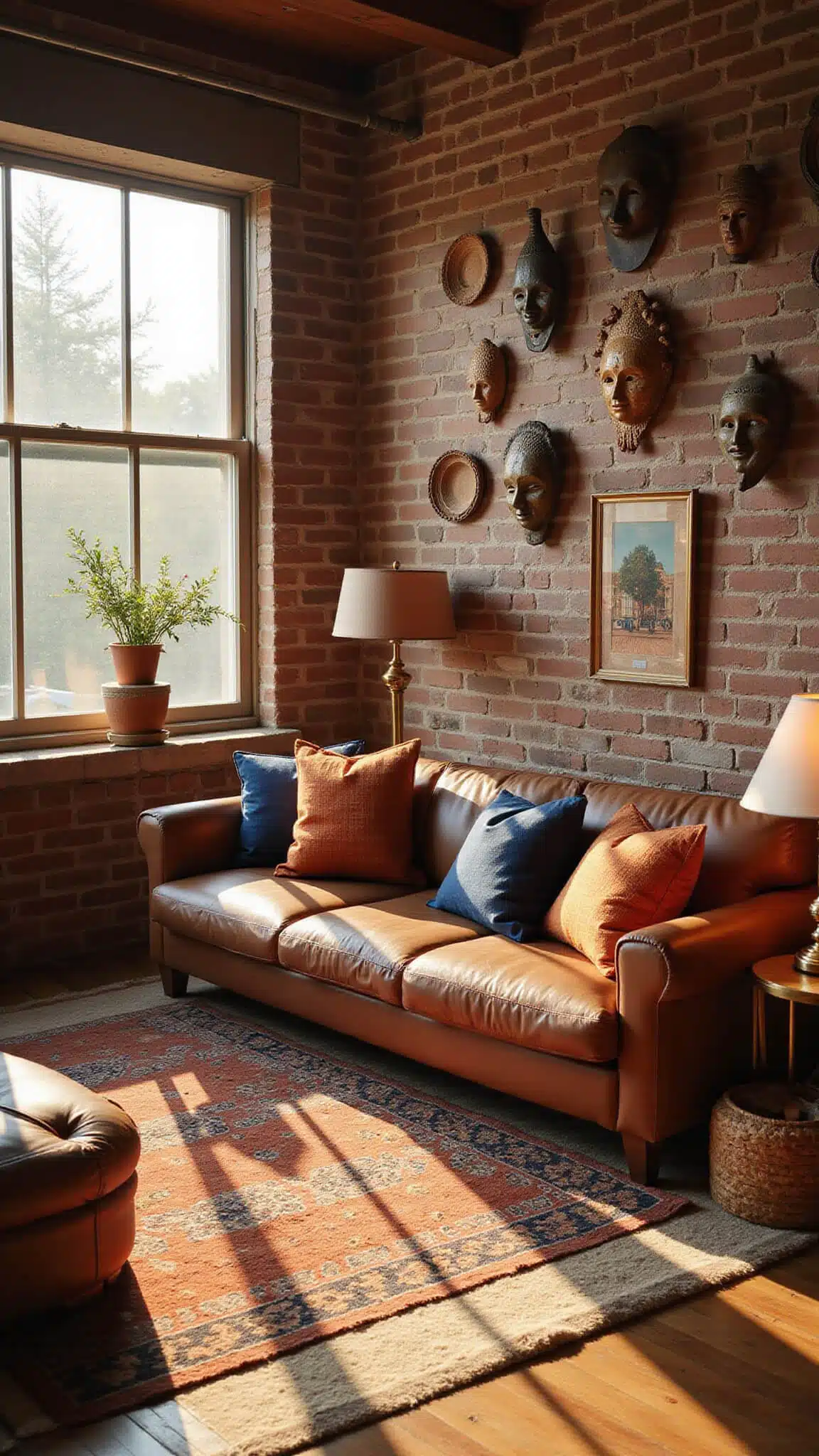 Sunlit living room with leather sofa, Moroccan rugs, and gallery wall of masks and baskets, bathed in warm afternoon light through tall windows.