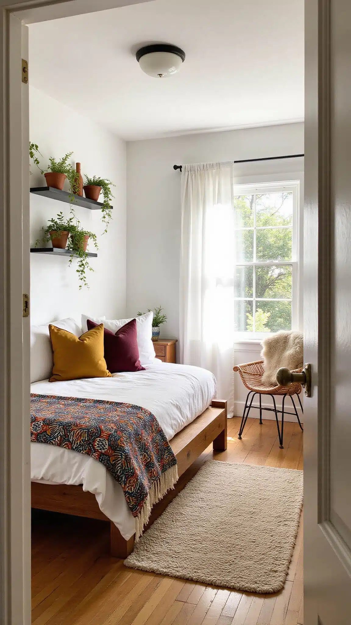 Cozy 12x12ft bedroom with white linens, kente cloth throws, rattan hanging chair, trailing plants on shelves, and morning light through white curtains.