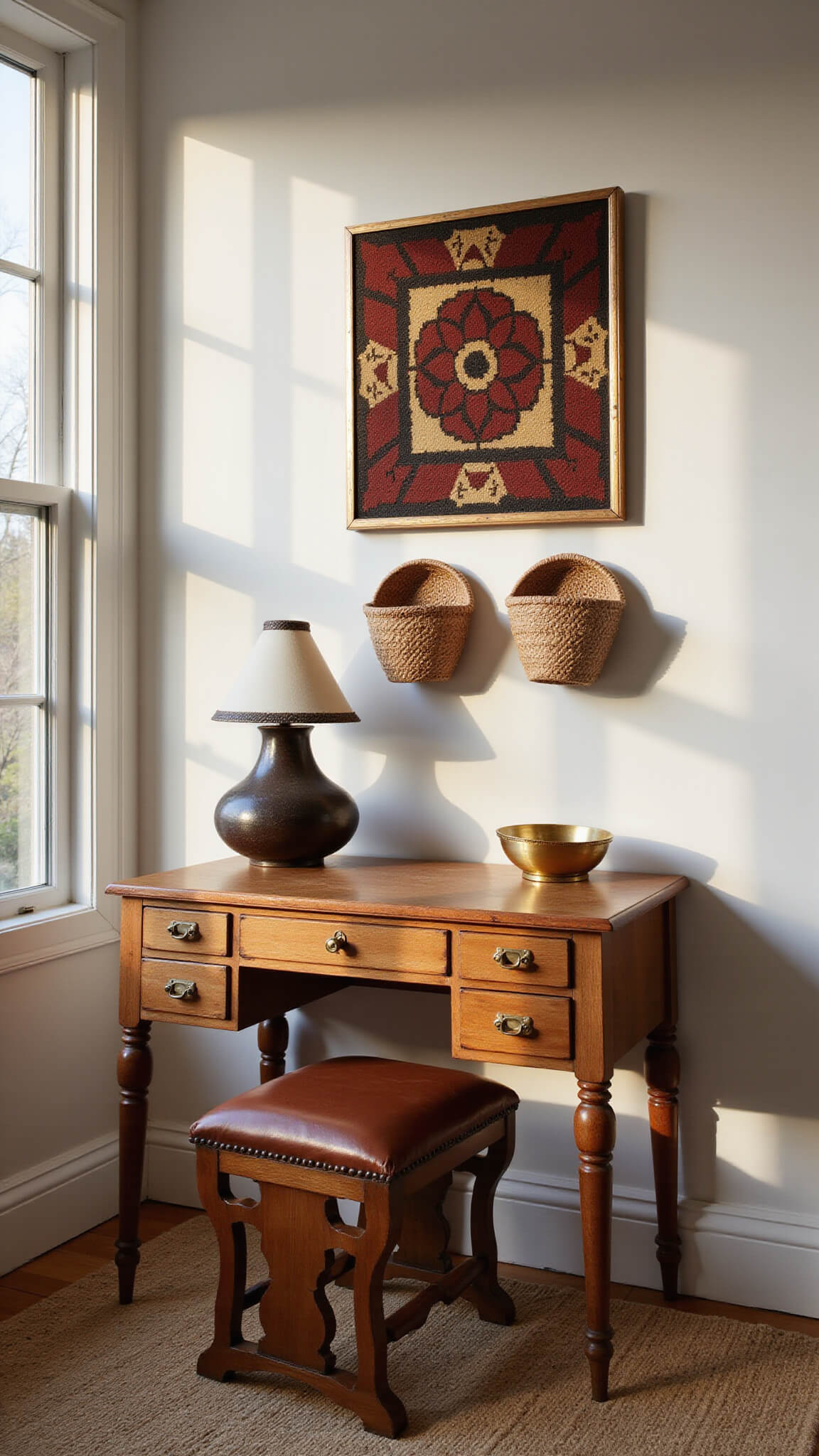 Compact 8x10ft home office with vintage wooden desk under window, styled with brass accents and woven baskets; African textile gallery wall, jute rug over sisal flooring, carved wooden stool with leather cushion, dramatic afternoon shadows highlighting textures.