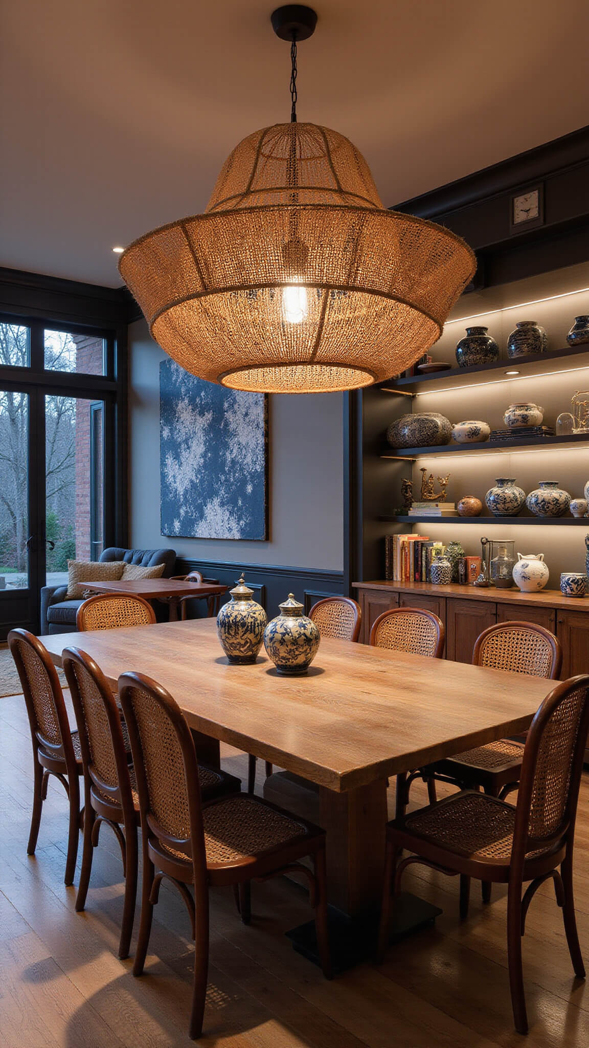 Open-concept 20x20ft dining area at dusk with reclaimed wood table, rattan and leather chairs, woven pendant light, ceramic vessels on buffet, artifact-filled shelving, and indigo-dyed textile wall hangings.