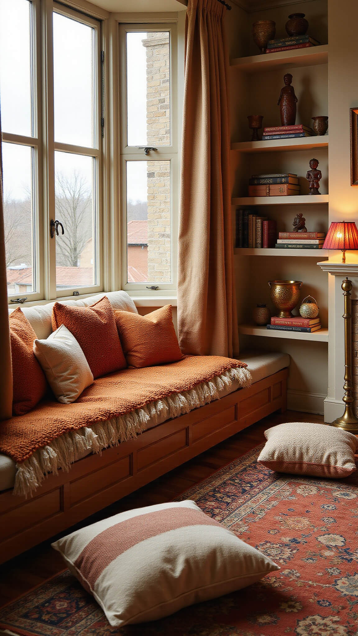 Cozy 10x12ft reading nook at golden hour with bay window seat layered in rust, ochre, and cream cushions, floating shelves holding wooden figures and vintage books, rich textile floor pillows, and warm brass lamp lighting.