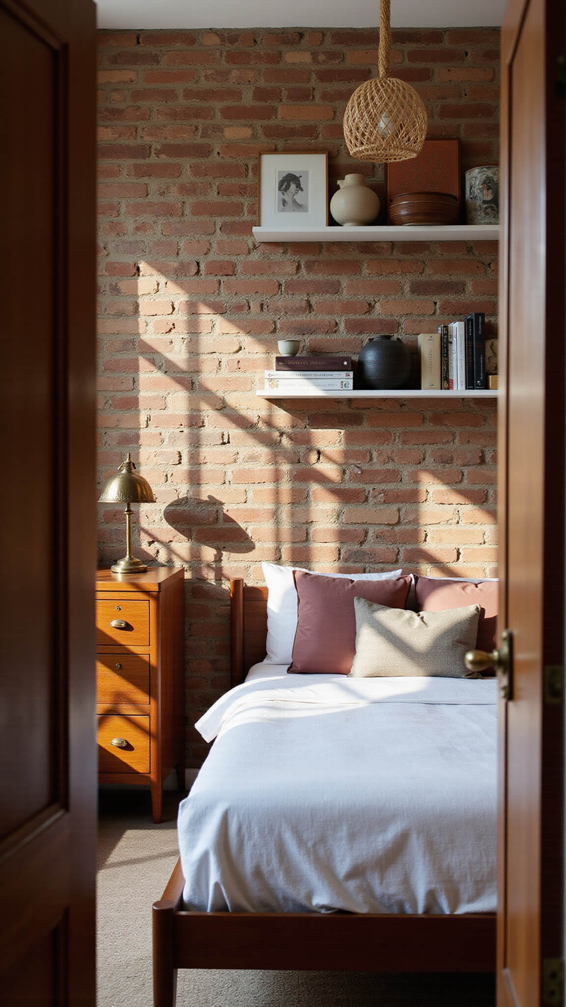 Compact 10x14ft urban bedroom with exposed brick wall, mid-century acorn bed, matching dresser, woven pendant light casting shadows, styled shelves, and warm late afternoon lighting.