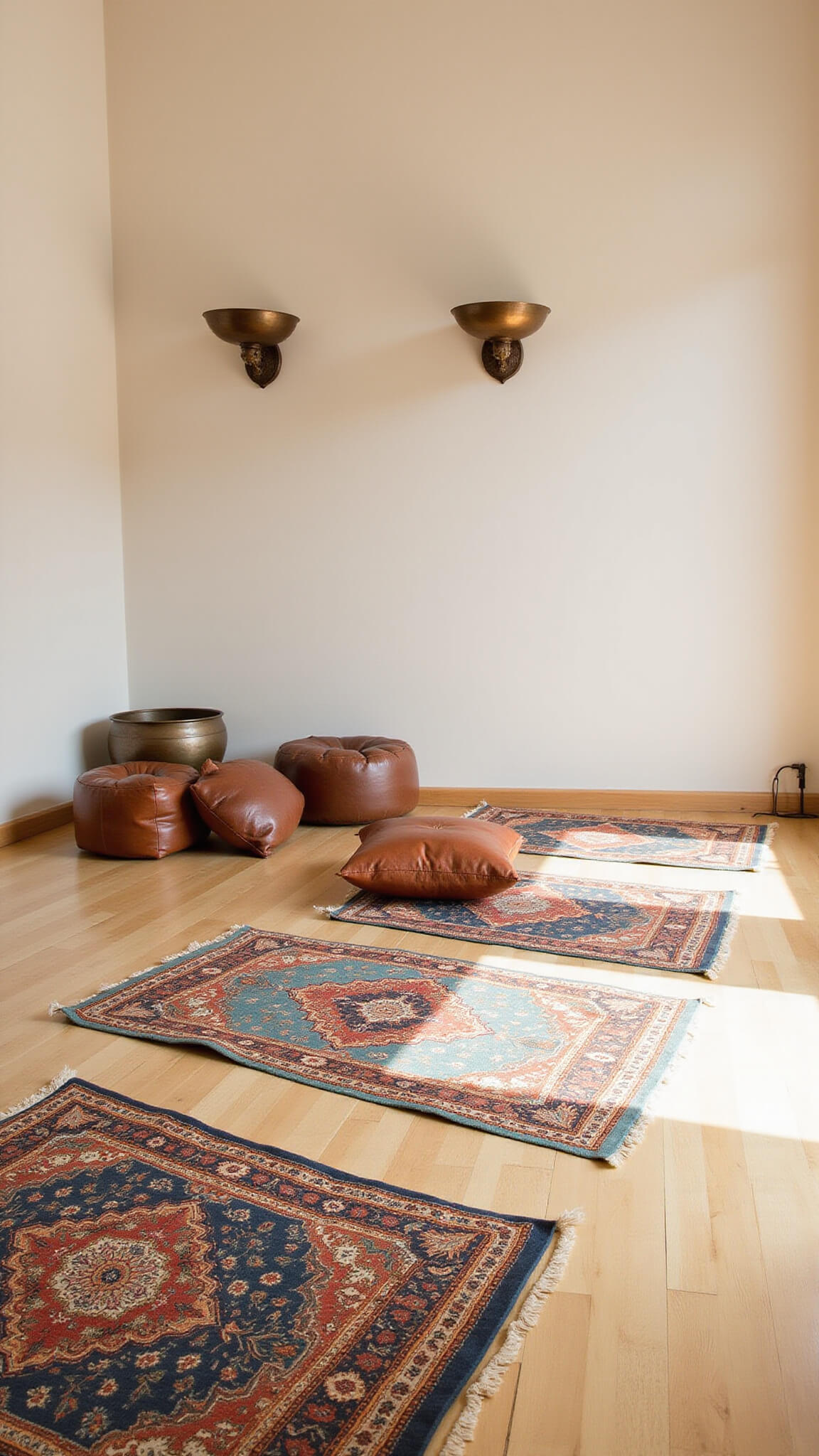Minimalist 15x15ft meditation room at dawn with light oak floors, vintage prayer rugs, leather poufs, mudcloth cushions, and copper bowls catching morning light.