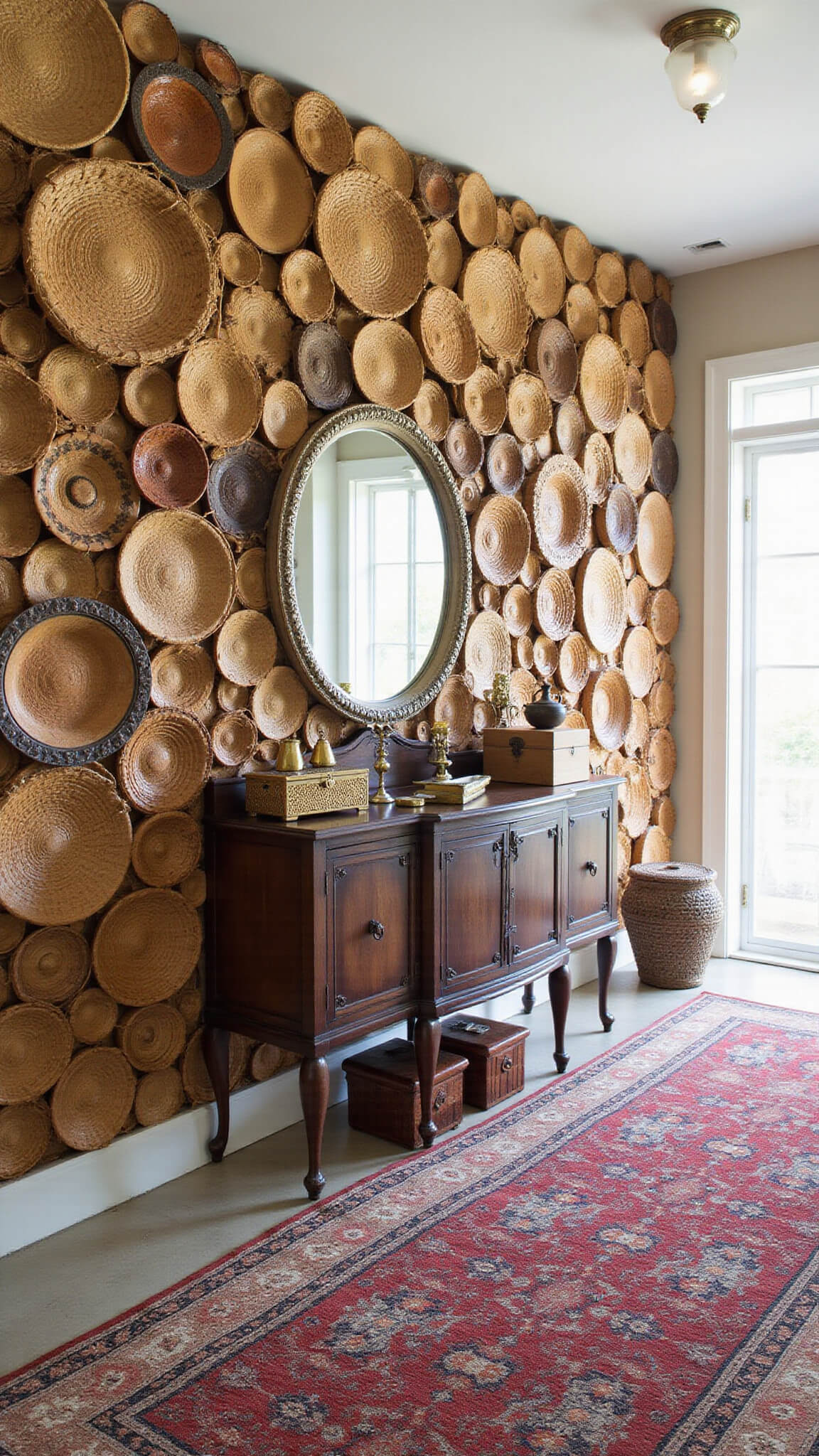 Low-angle view of an eclectic 18x12ft entryway with a dramatic floor-to-ceiling woven basket wall, vintage console table with brass and wooden decor, ornate oversized mirror, and layered vintage runners.