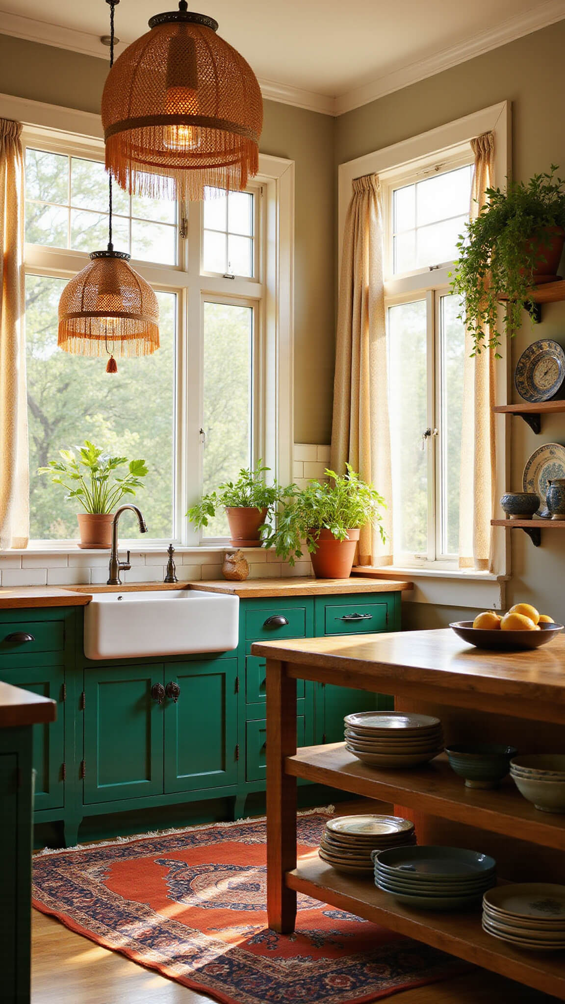 Boho-style kitchen at golden hour with emerald cabinets, rustic island, rattan lights, macramé curtains, vintage rug, and trailing plants.