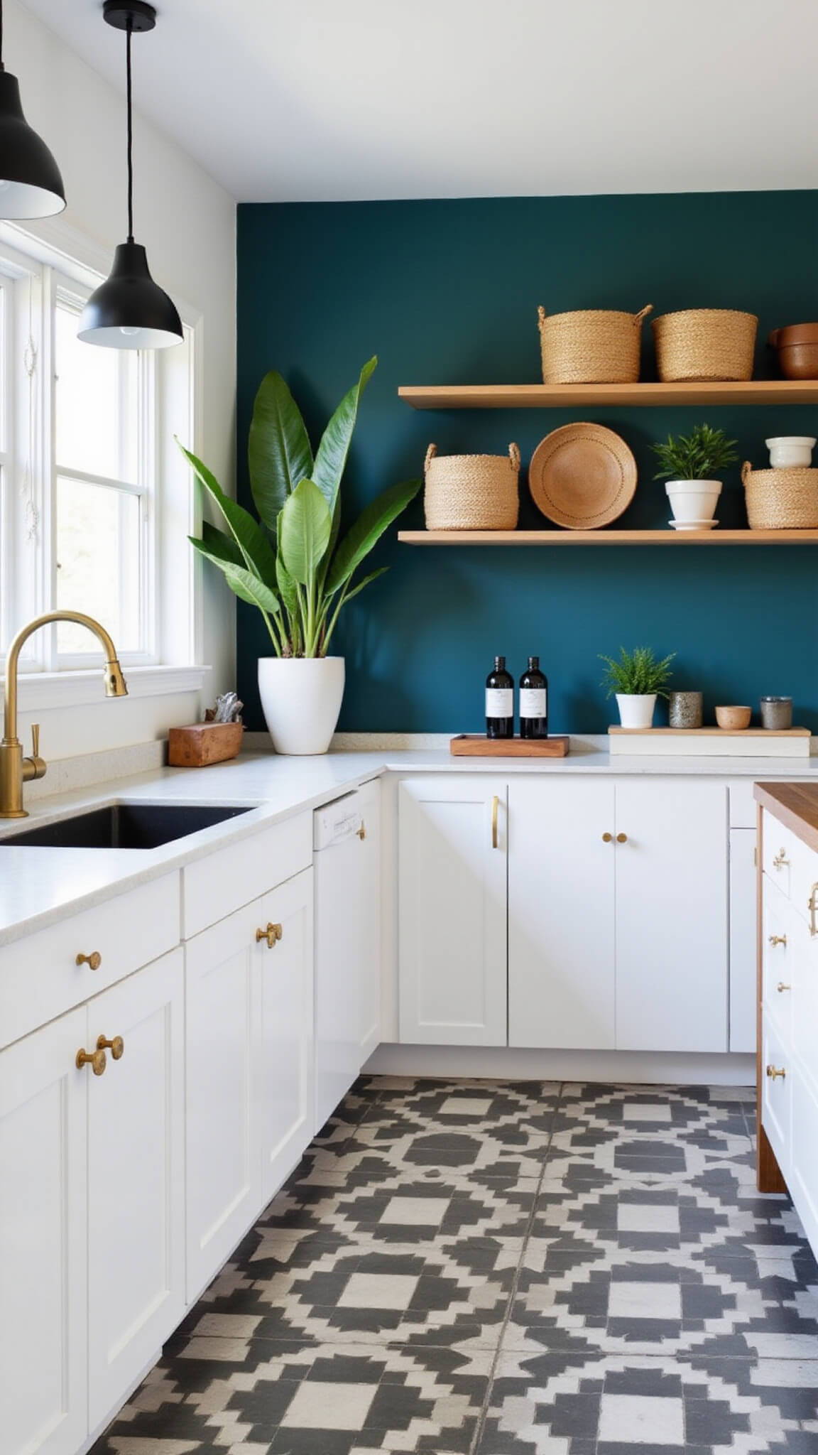 Modern boho kitchen with white cabinets, brass hardware, teal accent wall, geometric grey and white tile floor, white quartz island, black pendant lights, woven baskets on shelves, and monstera plant by window in soft natural light.