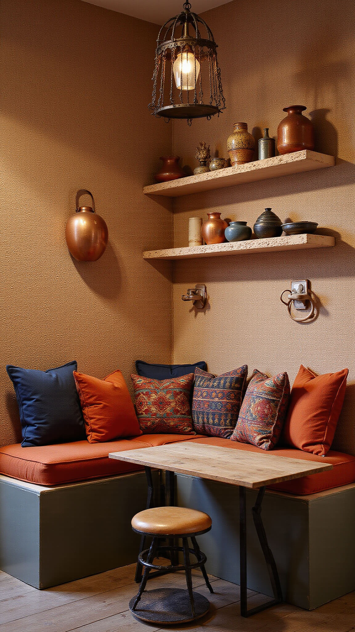 Cozy boho kitchen nook at dusk with kilim cushions, hand-thrown pottery on shelves, vintage copper pots, grasscloth wallpaper, and Moroccan lantern lighting.