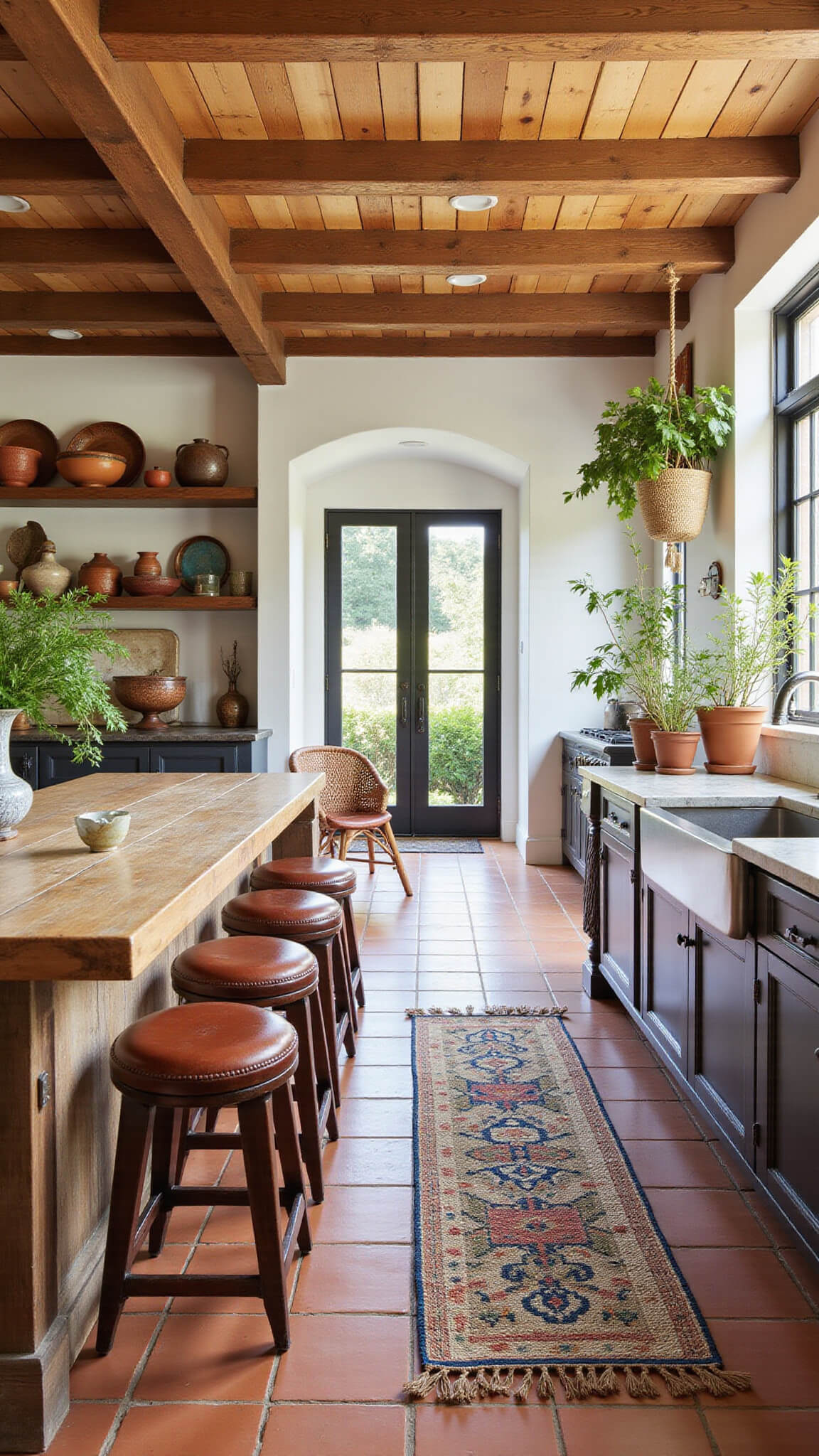 Bird's eye view of a spacious bohemian kitchen with reclaimed wood island, vintage leather barstools, terracotta tile floor, open shelving with earth-toned ceramics, hanging herb garden, and handwoven runner leading to a sunlit garden door.