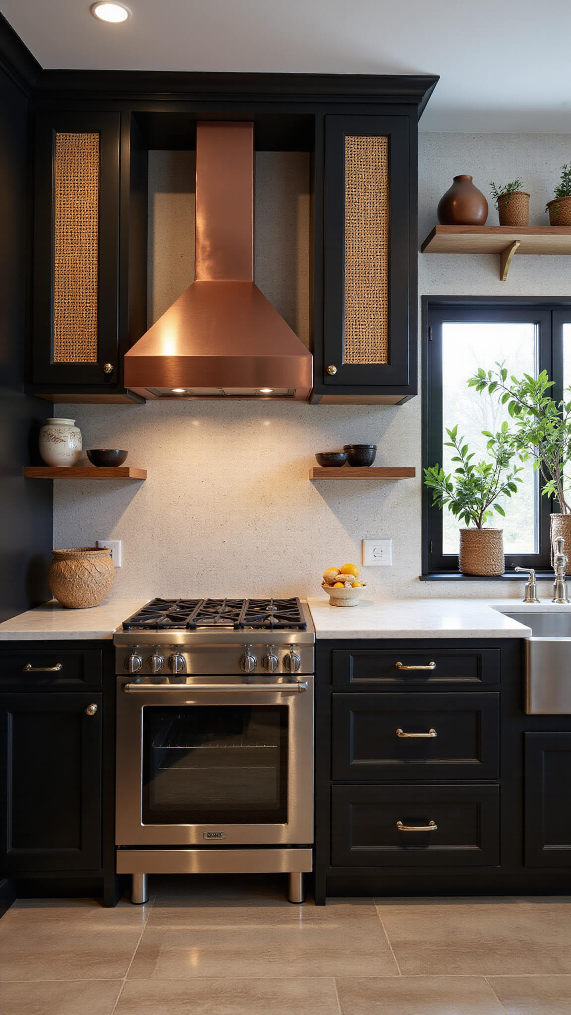 Modern boho 9x11ft kitchen with matte black cabinets, rattan panels, cream zellige tile backsplash, copper hood, vintage range, muted ceramics on shelves, and citrus trees by window at twilight.