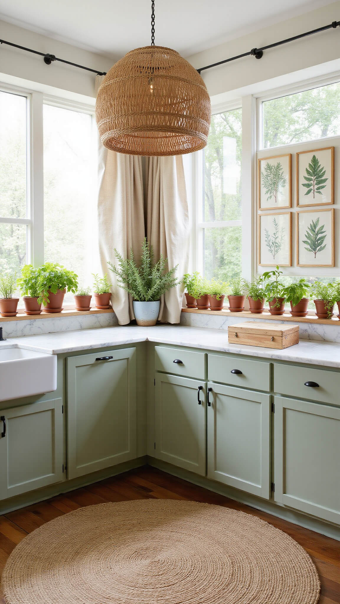 Boho kitchen with sage green cabinets, marble counters, and floor-to-ceiling windows; sheer curtains, rattan pendant, circular table, botanical wall art, and herb garden in terra cotta pots.
