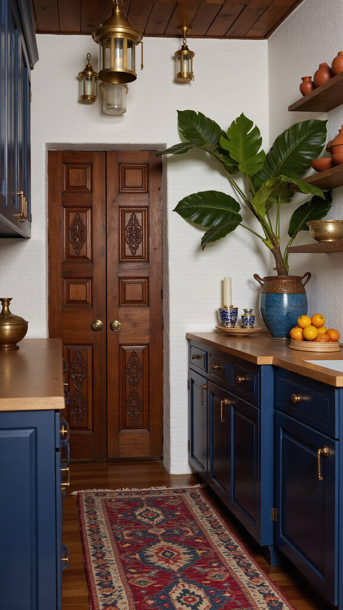 Low-angle view of a dramatic global boho kitchen at night with brass lanterns casting patterns on textured white walls, deep blue cabinets with copper hardware, carved wooden pantry doors, vintage Kilim runner, clay tagines on open shelves, and lush indoor plants.