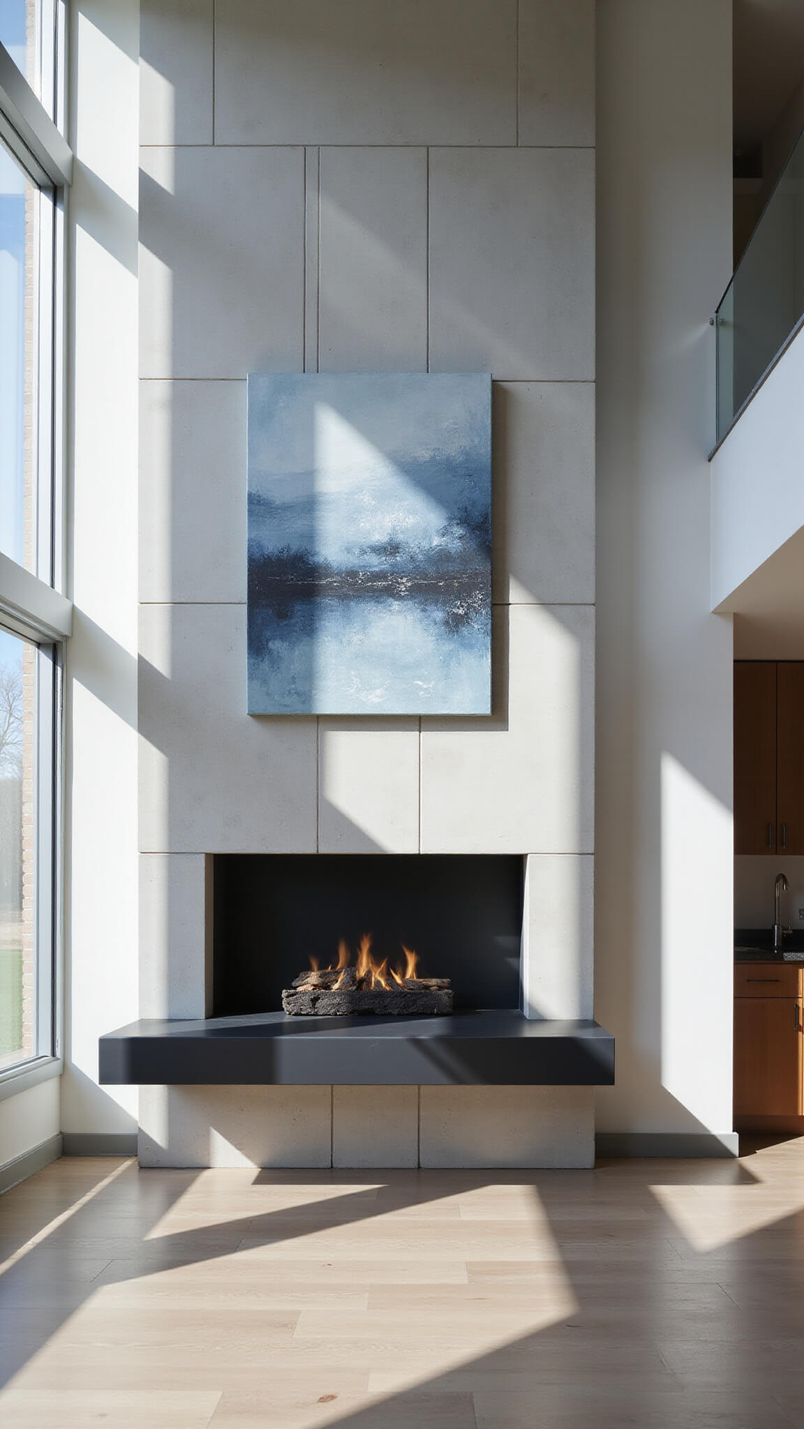 Modern minimalist living room with floating matte black steel mantel, floor-to-ceiling gray stone fireplace, abstract blue-gray artwork, and sunlight streaming through large windows.