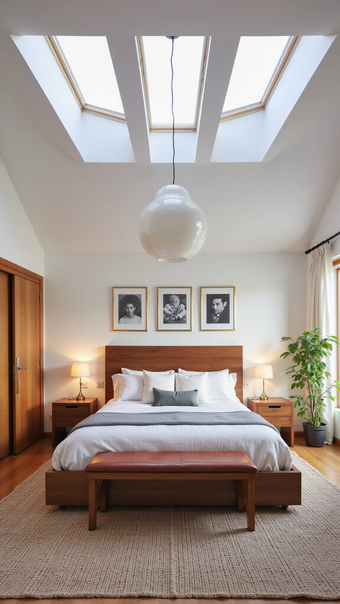 Spacious 15x18ft bedroom with clerestory windows, custom walnut platform bed with bench, Nelson bubble pendant lamps, black and white gallery wall, vintage Moroccan rug, and corner plants, lit during golden hour with soft lighting.