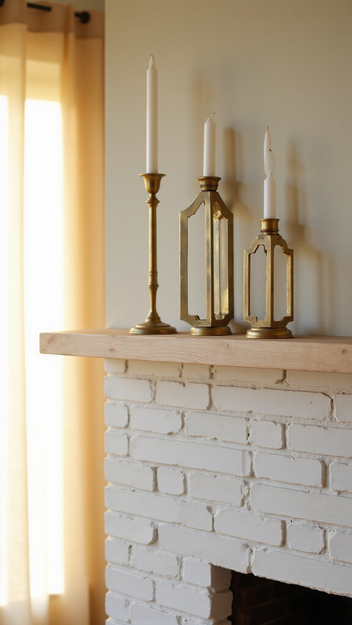 Cozy den with whitewashed pine mantel, textured white brick fireplace, brass decor, and warm golden hour lighting.