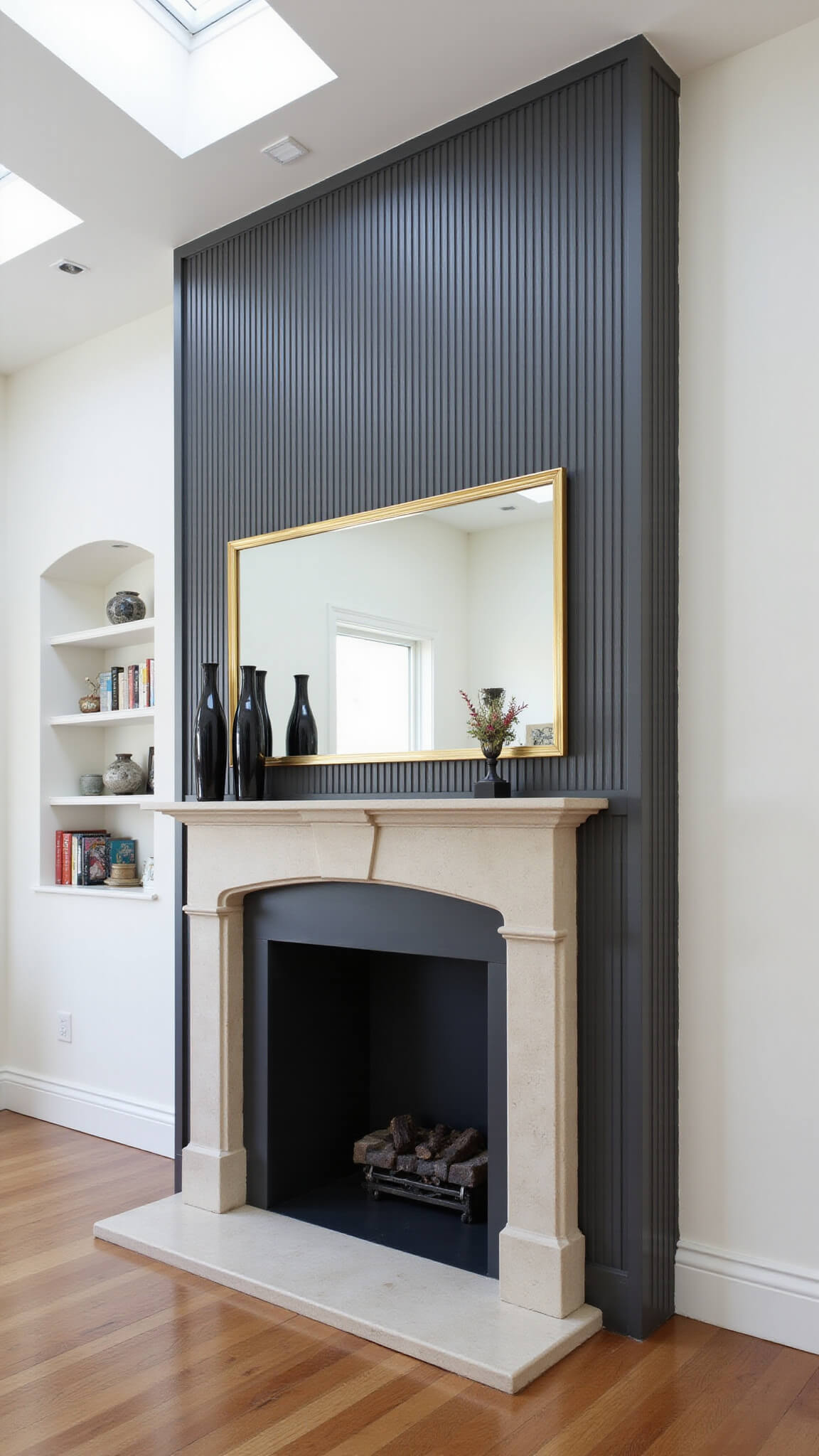 Modern great room with honed granite mantel, charcoal channeled fireplace wall, brass-framed mirror, and black vases in soft skylight.